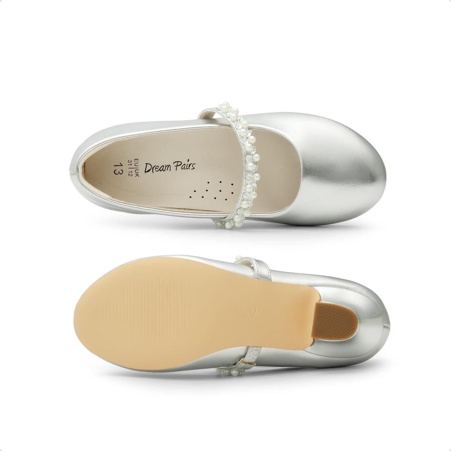 imageDREAM PAIRS Girls Dress Shoes Low Heels for Little Big Girl Mary Jane Shoes with Pearl Rhinestones Flower Girl Pumps Princess Wedding PartySilver