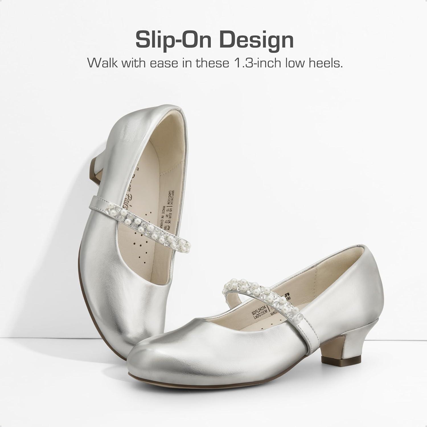 imageDREAM PAIRS Girls Dress Shoes Low Heels for Little Big Girl Mary Jane Shoes with Pearl Rhinestones Flower Girl Pumps Princess Wedding PartySilver