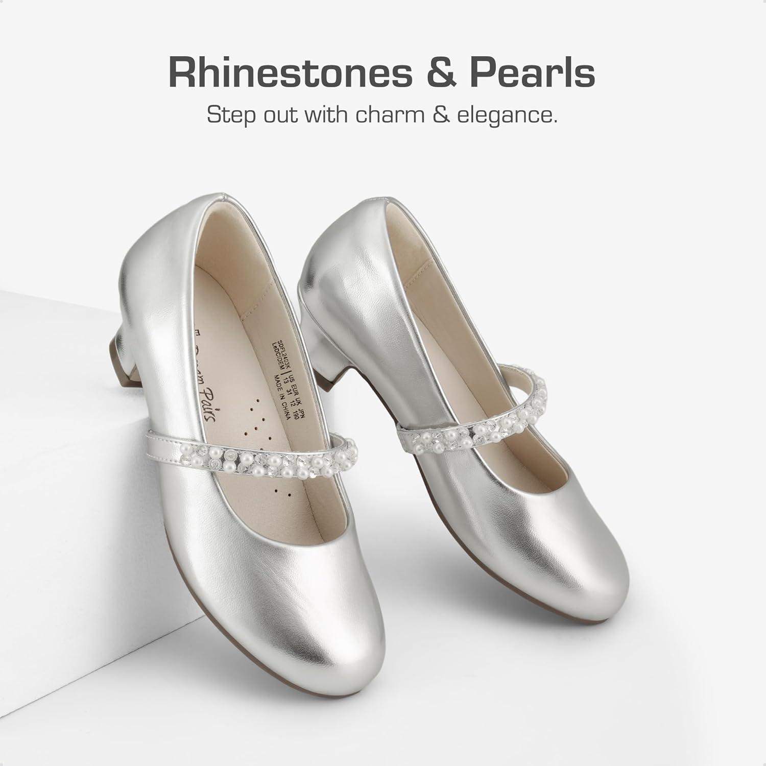 imageDREAM PAIRS Girls Dress Shoes Low Heels for Little Big Girl Mary Jane Shoes with Pearl Rhinestones Flower Girl Pumps Princess Wedding PartySilver