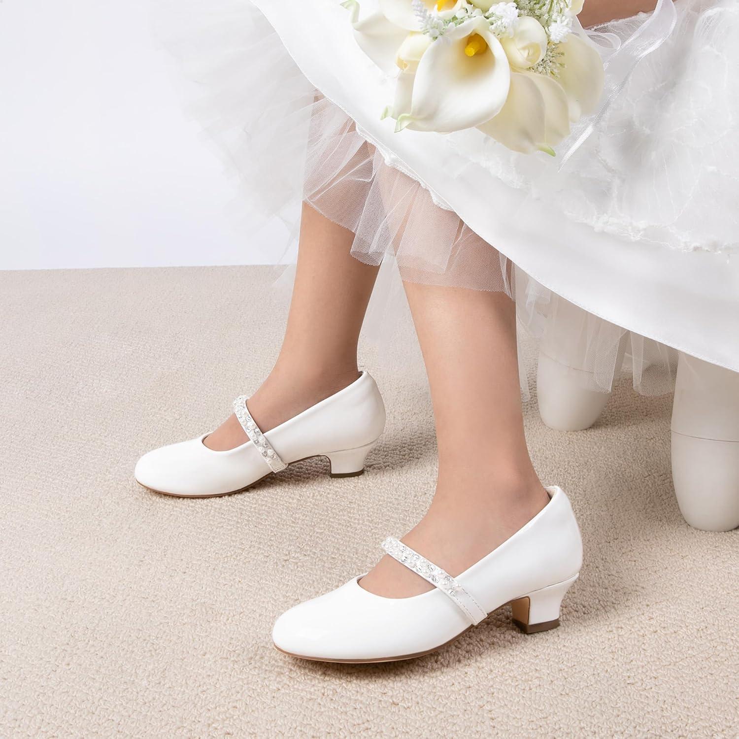 imageDREAM PAIRS Girls Dress Shoes Low Heels for Little Big Girl Mary Jane Shoes with Pearl Rhinestones Flower Girl Pumps Princess Wedding PartyWhite