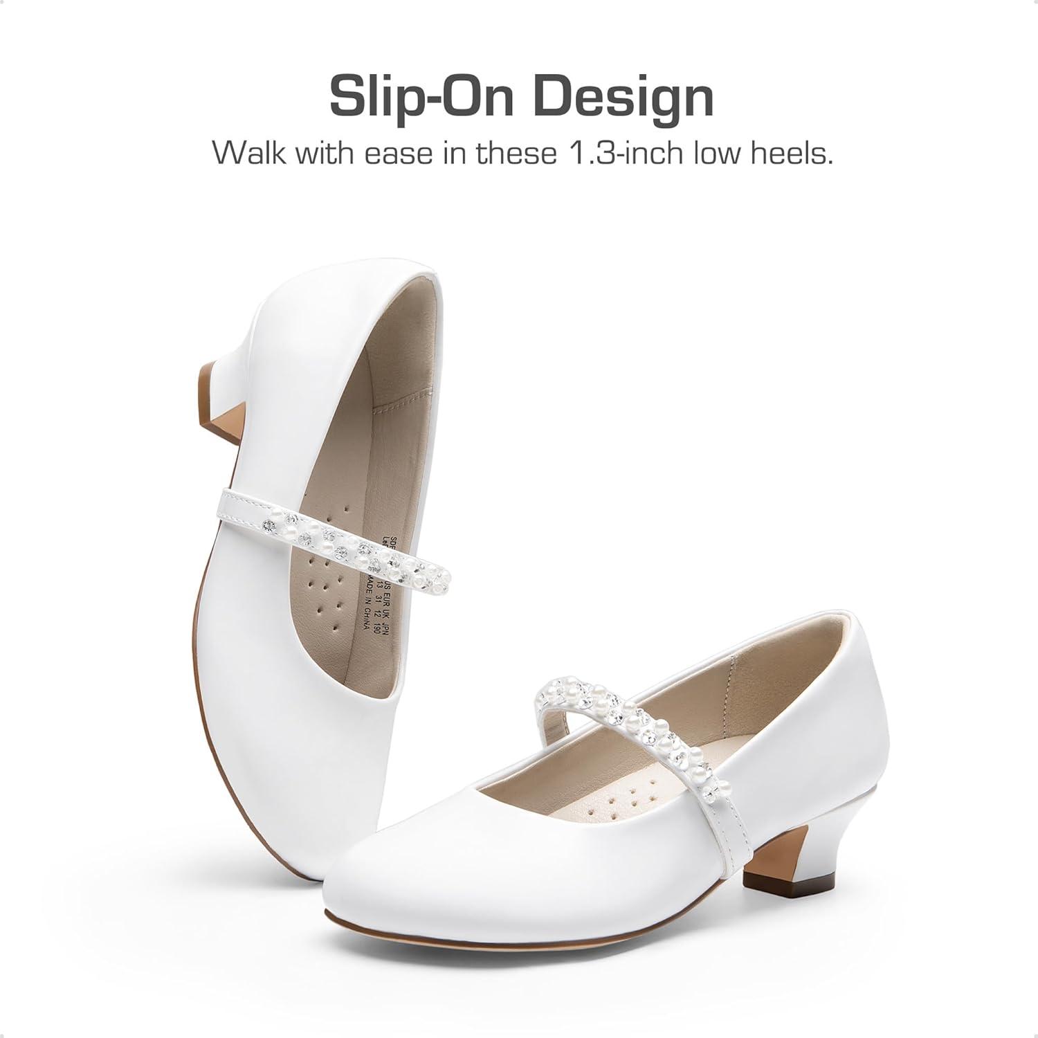 imageDREAM PAIRS Girls Dress Shoes Low Heels for Little Big Girl Mary Jane Shoes with Pearl Rhinestones Flower Girl Pumps Princess Wedding PartyWhite