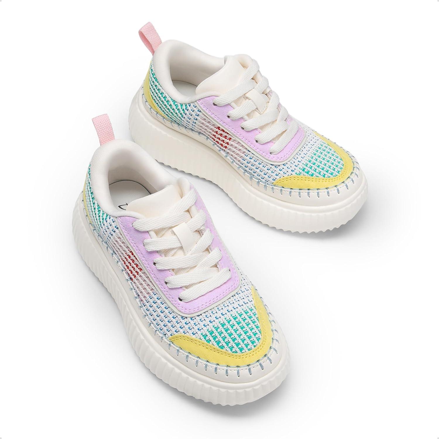 imageDREAM PAIRS Girls Fashion Sneakers Tennis Shoes Kids Platform Lightweight Lace Up Casual Walking ShoesWhiteRainbowpu