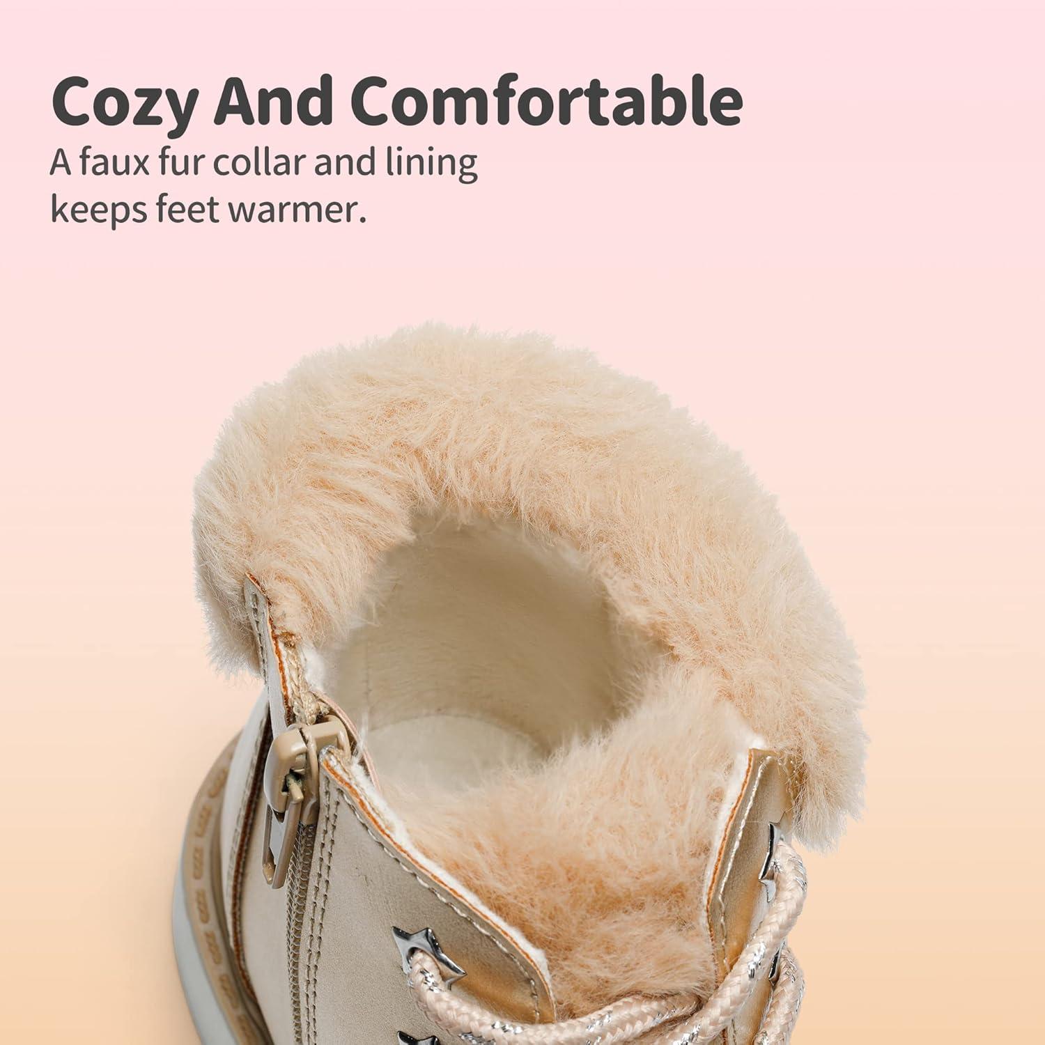 imageDREAM PAIRS Girls Kids Side Zipper Lace up Faux Fur Ankle BootsGoldPu