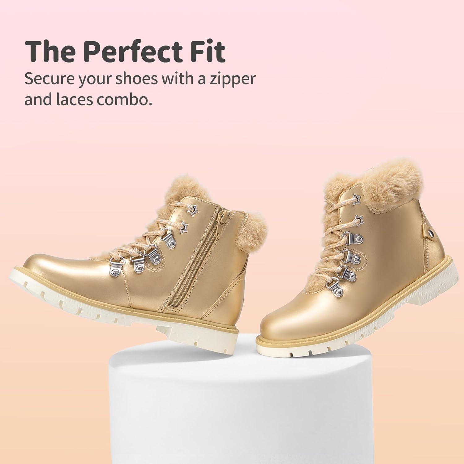 imageDREAM PAIRS Girls Kids Side Zipper Lace up Faux Fur Ankle BootsGoldPu