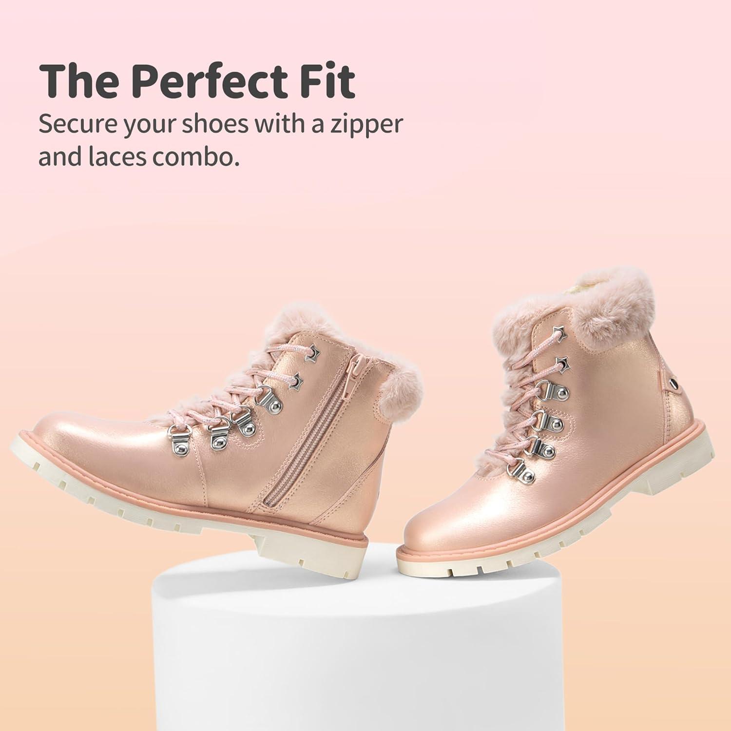imageDREAM PAIRS Girls Kids Side Zipper Lace up Faux Fur Ankle BootsPinkPu