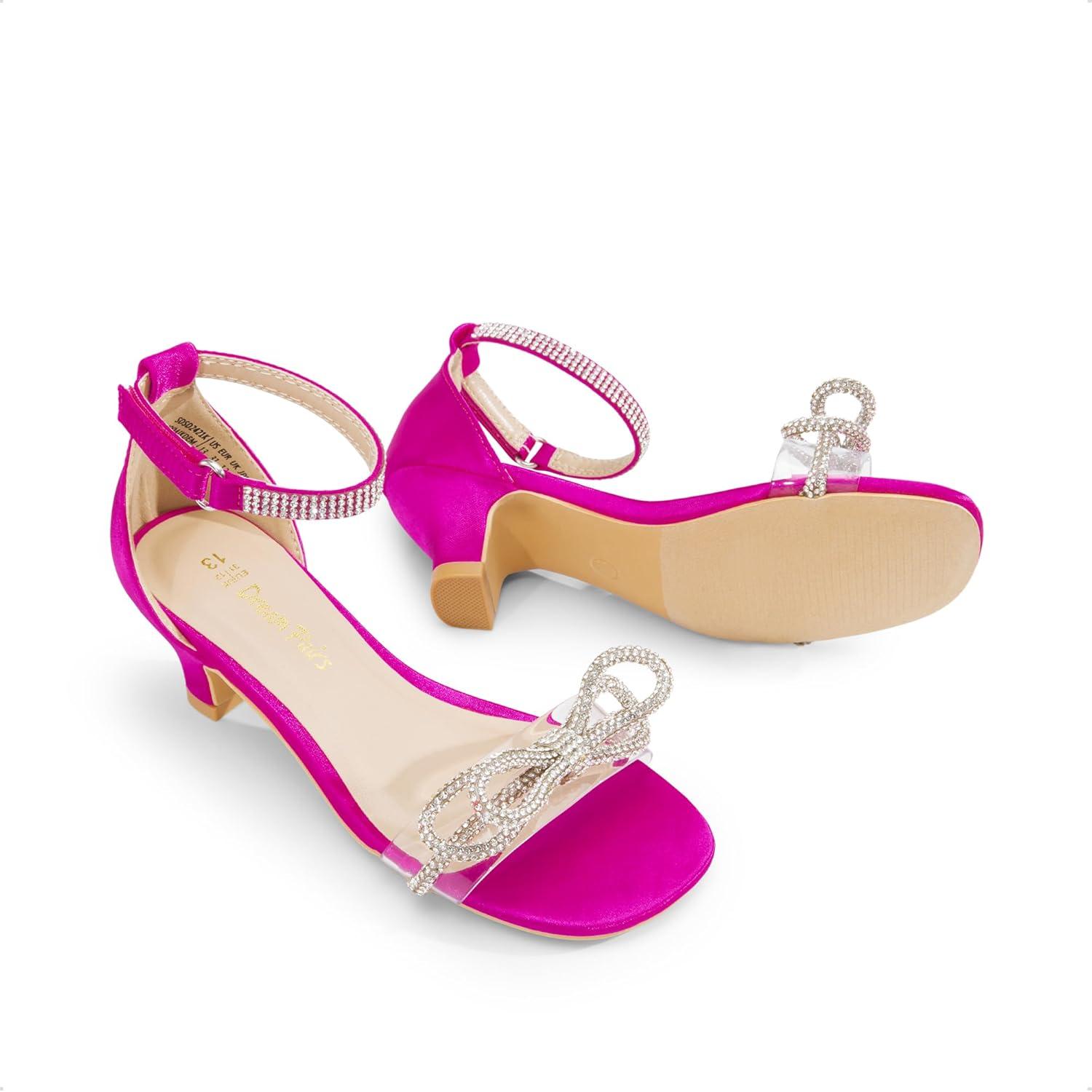 imageDREAM PAIRS Girls Sandals Ankle Strap Square Toe Low Heel Bow Flower Dress ShoesHot Pink