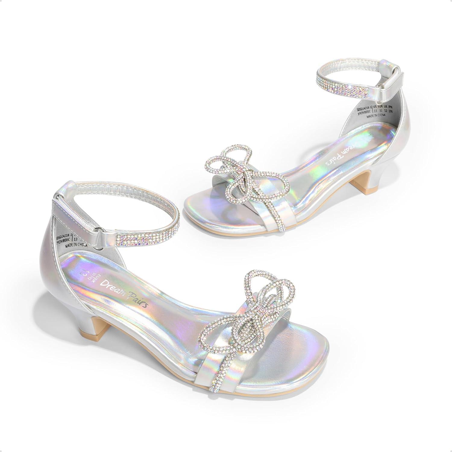 imageDREAM PAIRS Girls Sandals Ankle Strap Square Toe Low Heel Bow Flower Dress ShoesRainbowSilver