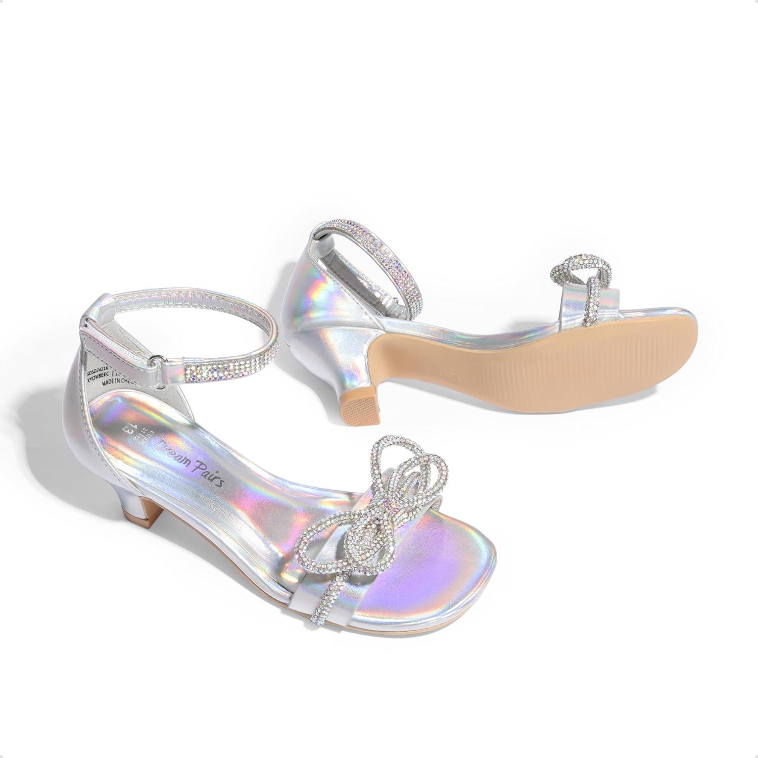 imageDREAM PAIRS Girls Sandals Ankle Strap Square Toe Low Heel Bow Flower Dress ShoesRainbowSilver