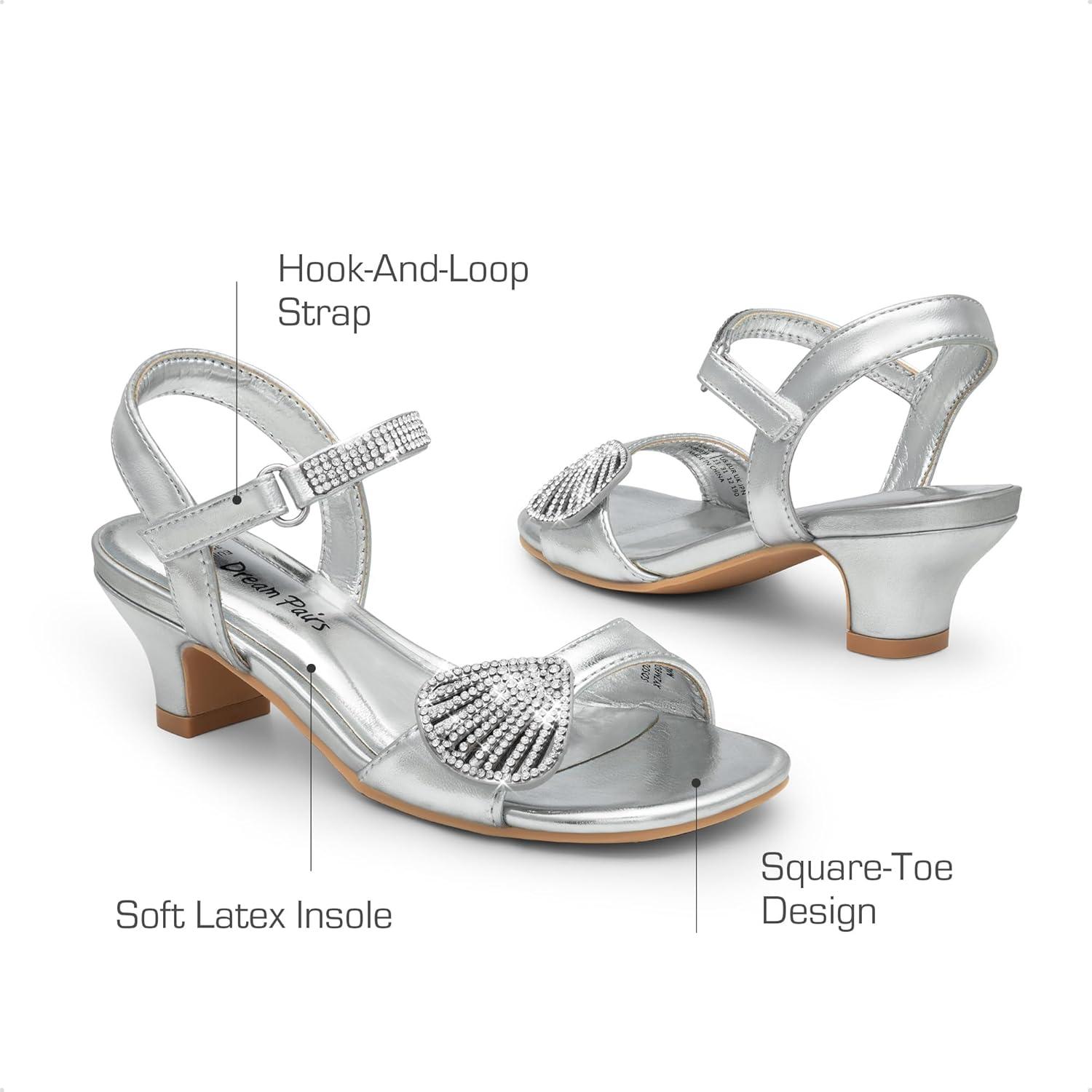 imageDREAM PAIRS Girls Sandals Ankle Strap Square Toe Low Heel Crystal Shell Wedding Party Flower Dress Shoes for Little KidsBig KidsSilver