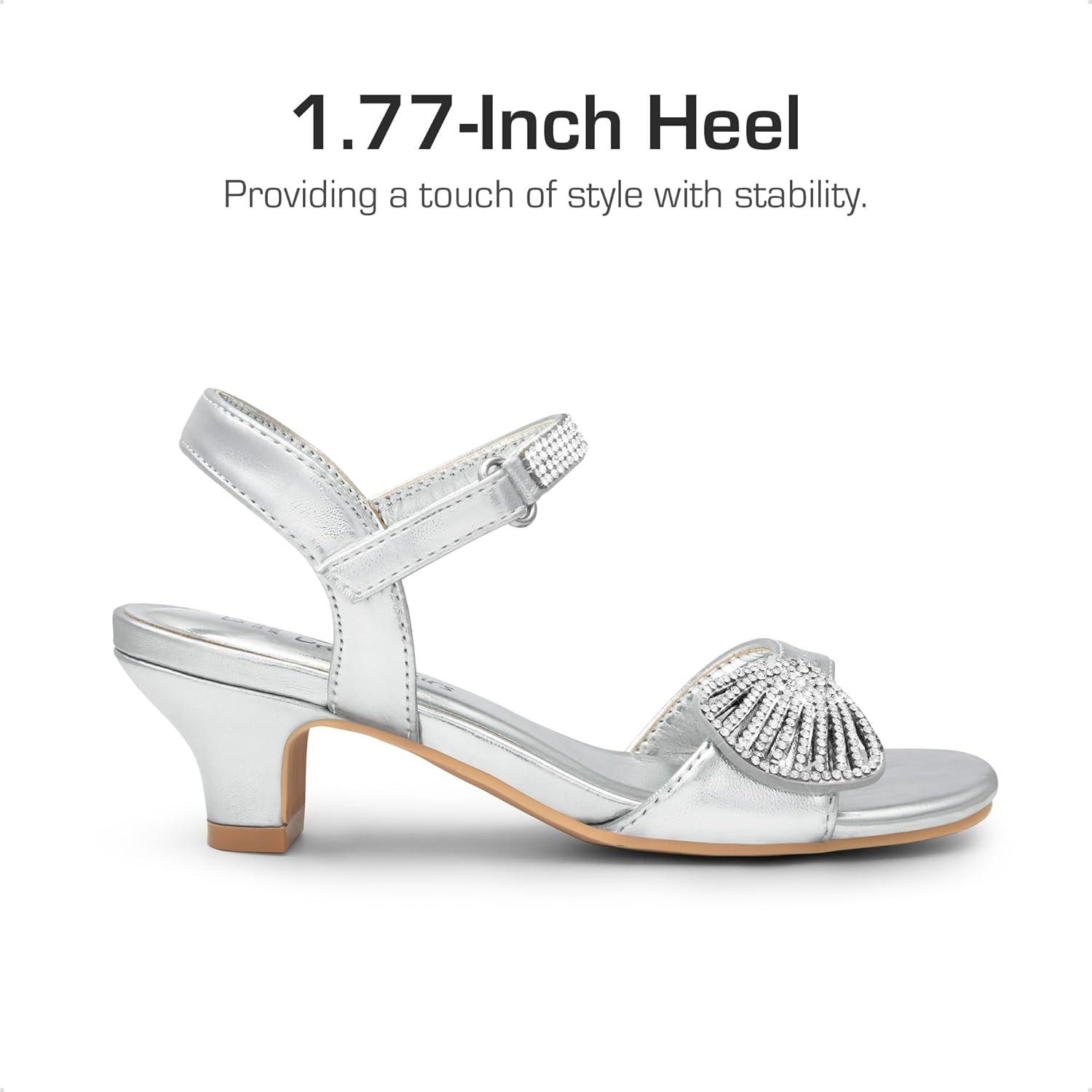 imageDREAM PAIRS Girls Sandals Ankle Strap Square Toe Low Heel Crystal Shell Wedding Party Flower Dress Shoes for Little KidsBig KidsSilver