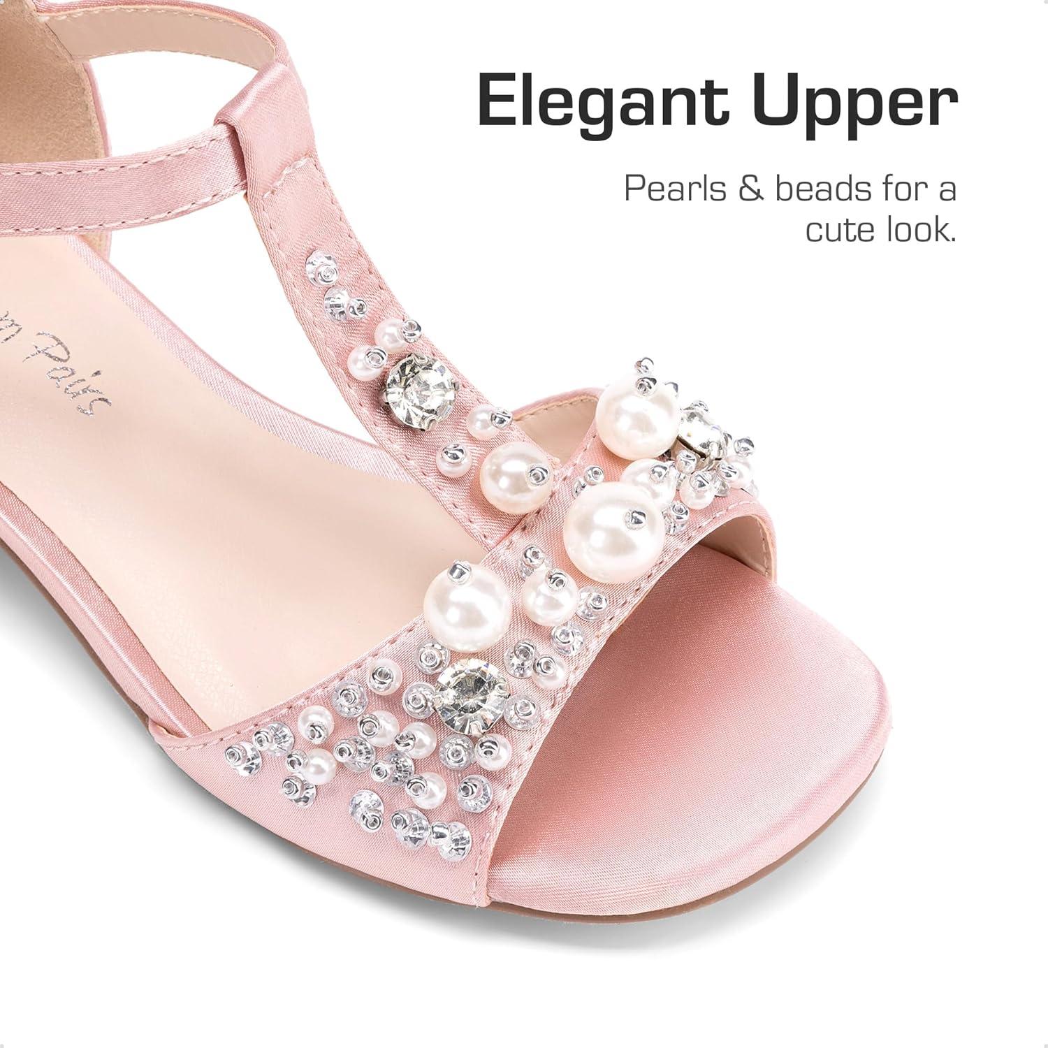 imageDREAM PAIRS Girls Sandals Ankle Strap TStrap Low Heel Pearl Bow Flower Pump Dress Wedding Party Shoes for Little KidBig KidPink