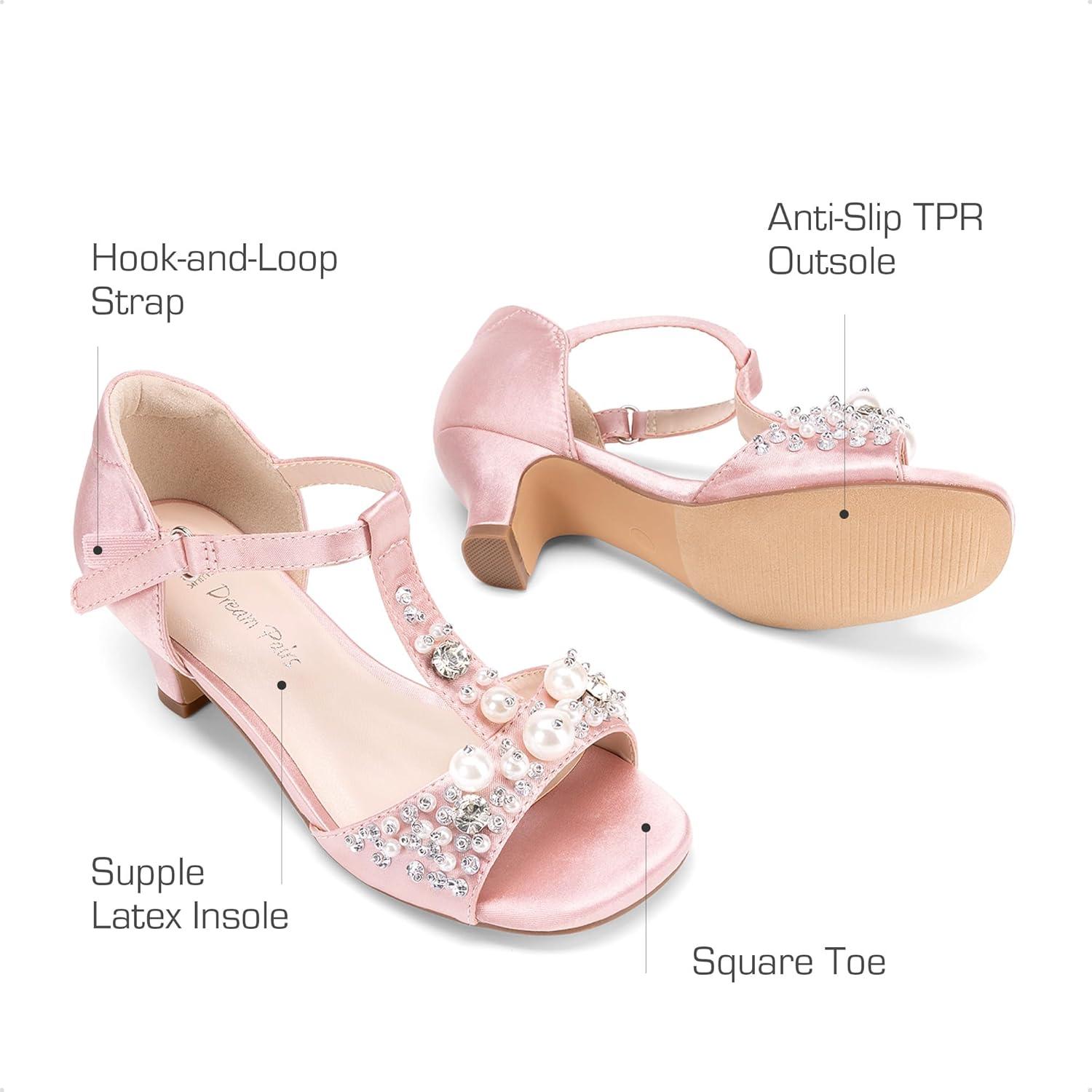 imageDREAM PAIRS Girls Sandals Ankle Strap TStrap Low Heel Pearl Bow Flower Pump Dress Wedding Party Shoes for Little KidBig KidPink