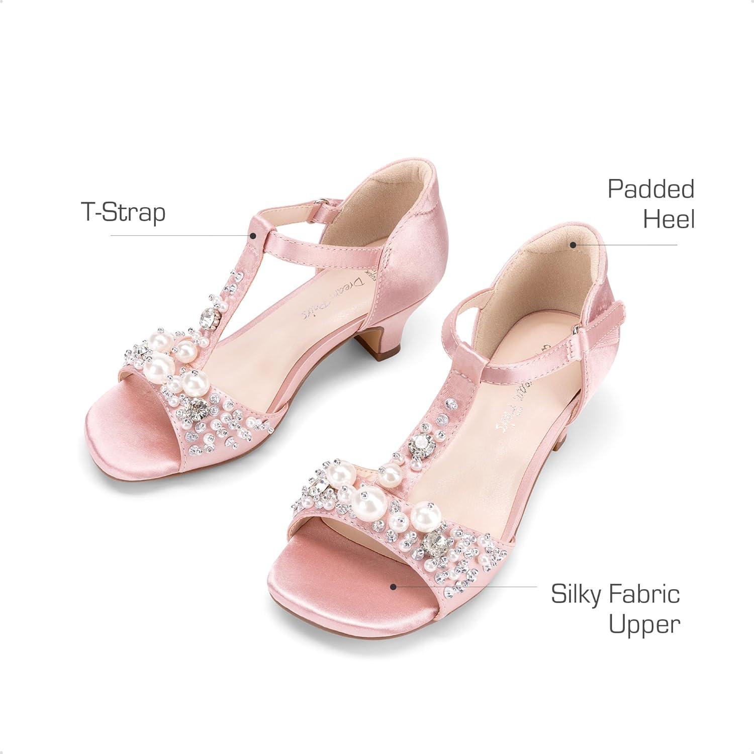 imageDREAM PAIRS Girls Sandals Ankle Strap TStrap Low Heel Pearl Bow Flower Pump Dress Wedding Party Shoes for Little KidBig KidPink