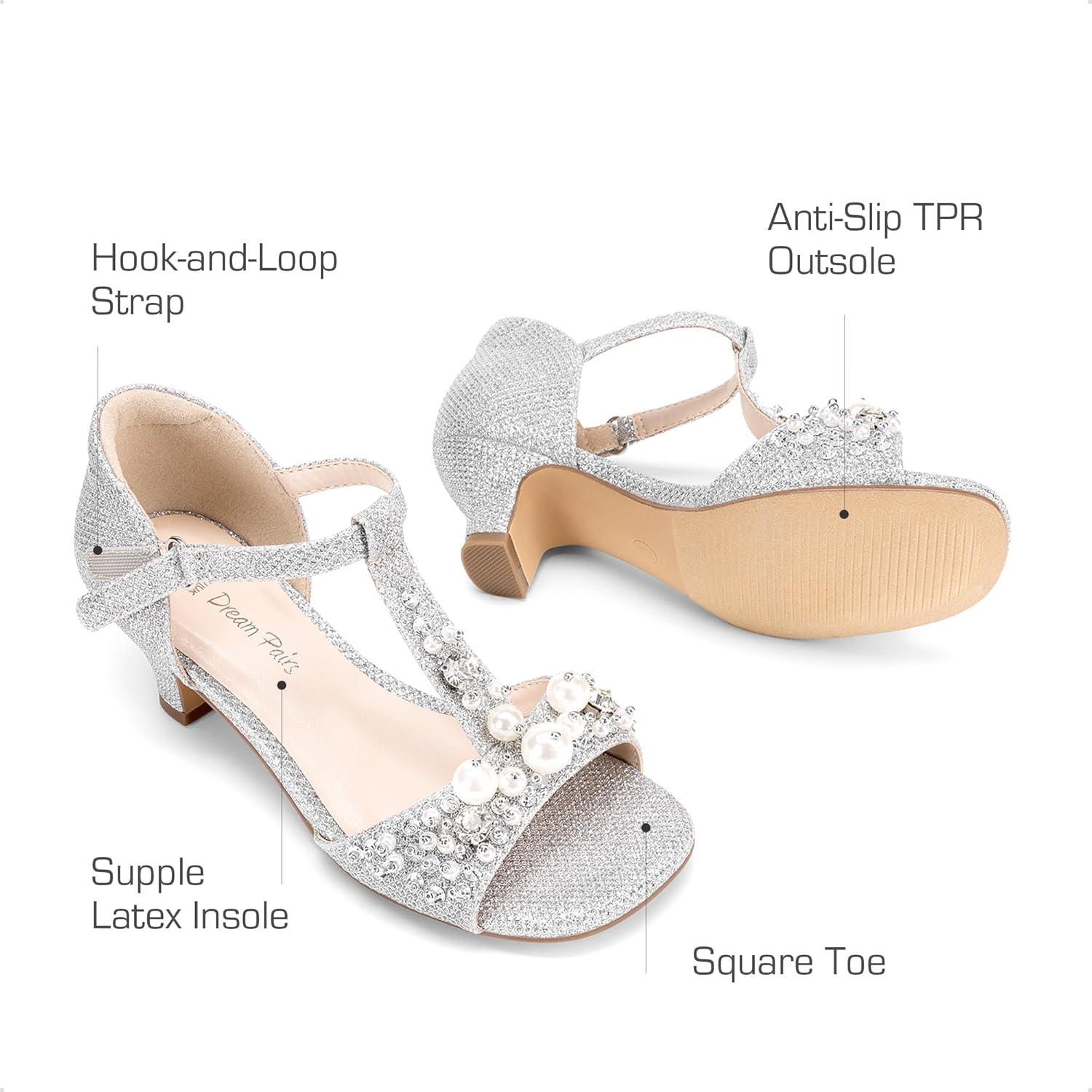 imageDREAM PAIRS Girls Sandals Ankle Strap TStrap Low Heel Pearl Bow Flower Pump Dress Wedding Party Shoes for Little KidBig KidSilver