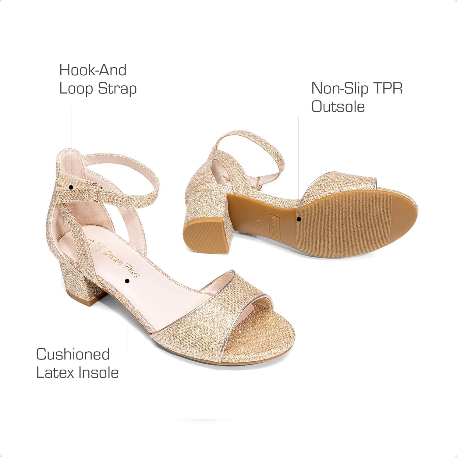 imageDREAM PAIRS Girls Sandals Chunky Pump Ankle Strap High Heels Dress Open Toe Flower Wedding Party for Little Big KidGold