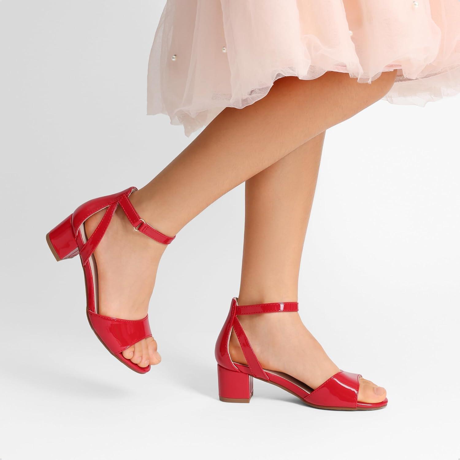 imageDREAM PAIRS Girls Sandals Chunky Pump Ankle Strap High Heels Dress Open Toe Flower Wedding Party for Little Big KidRed
