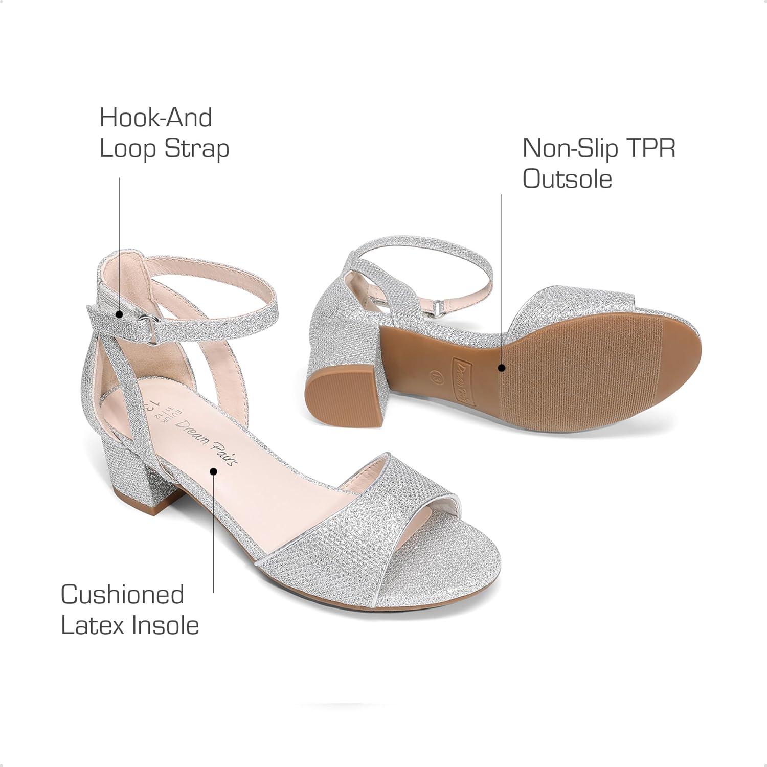 imageDREAM PAIRS Girls Sandals Chunky Pump Ankle Strap High Heels Dress Open Toe Flower Wedding Party for Little Big KidSilverglitter