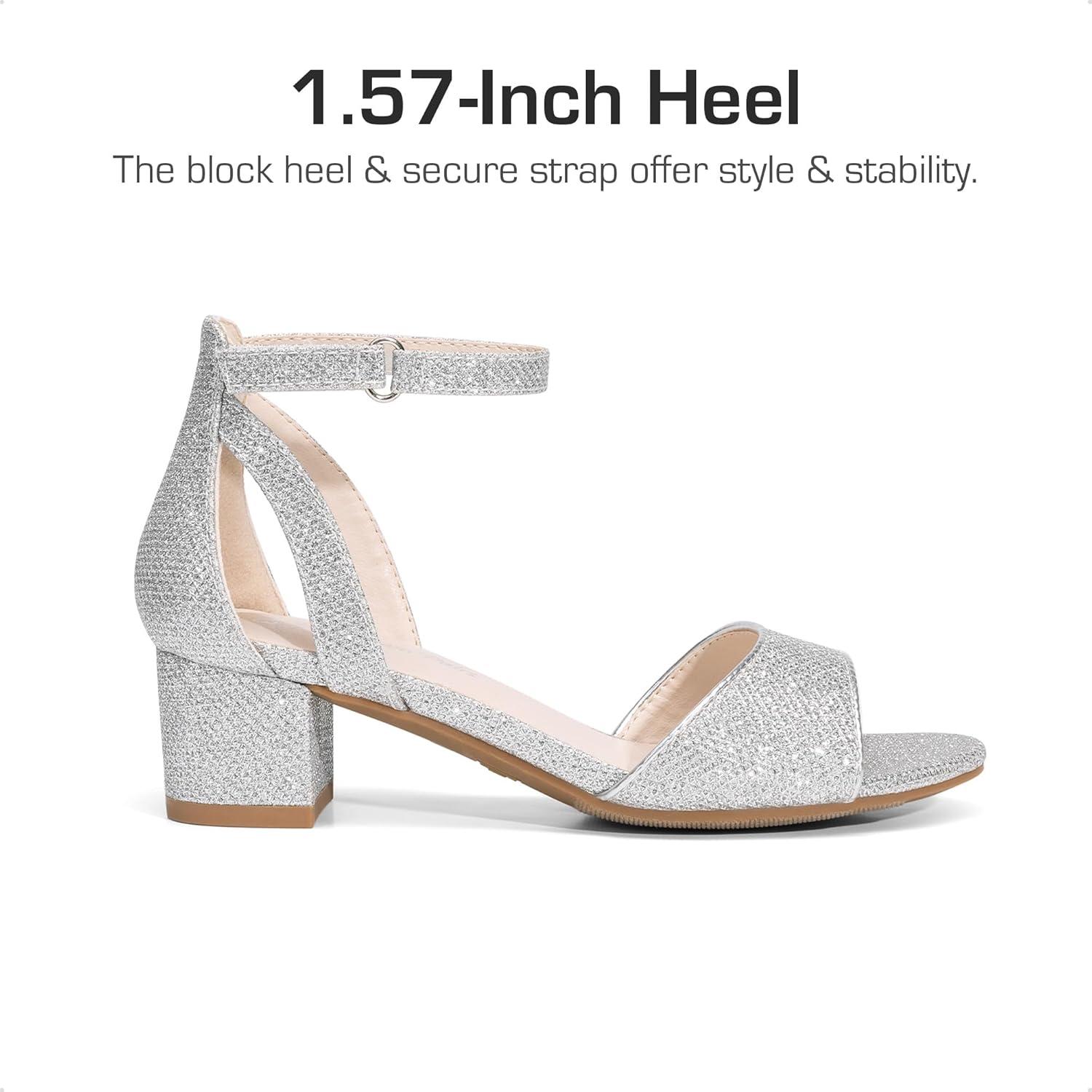 imageDREAM PAIRS Girls Sandals Chunky Pump Ankle Strap High Heels Dress Open Toe Flower Wedding Party for Little Big KidSilverglitter
