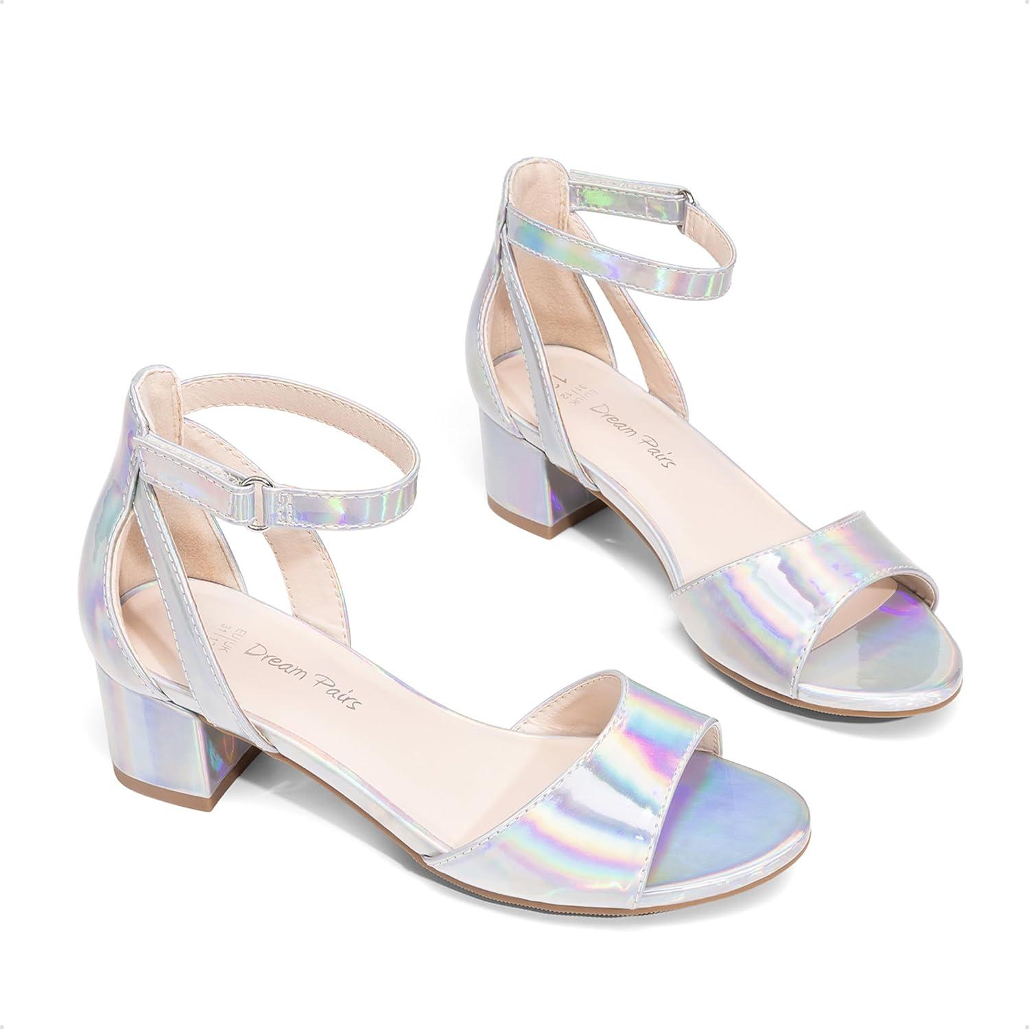 imageDREAM PAIRS Girls Sandals Chunky Pump Ankle Strap High Heels Dress Open Toe Flower Wedding Party for Little Big KidSilvermetallic