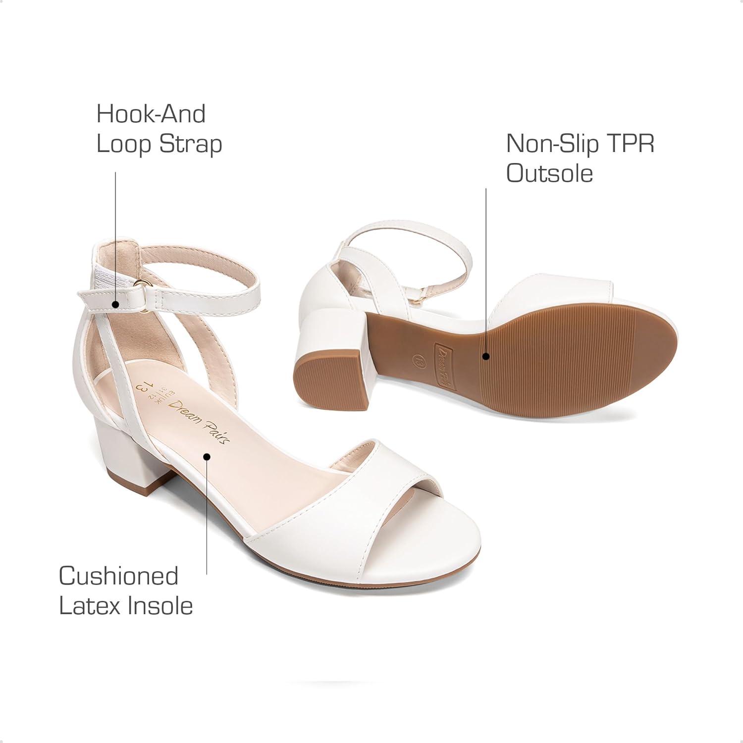 imageDREAM PAIRS Girls Sandals Chunky Pump Ankle Strap High Heels Dress Open Toe Flower Wedding Party for Little Big KidWhite