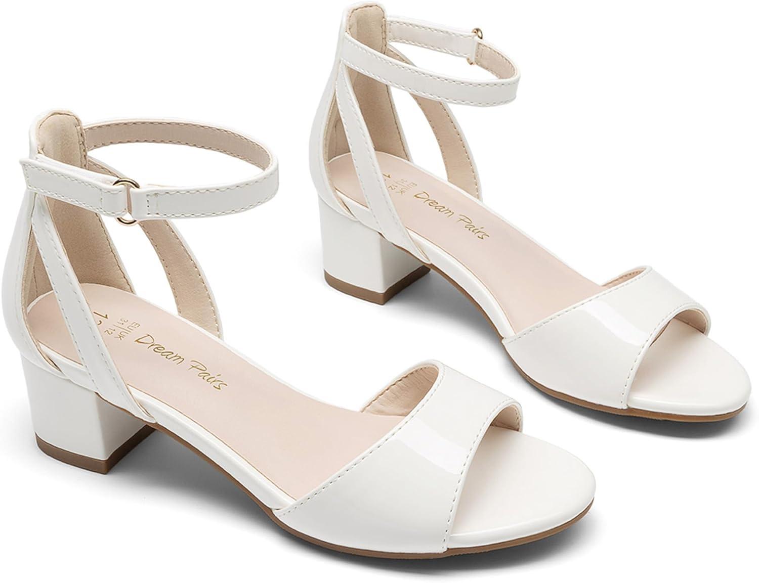 imageDREAM PAIRS Girls Sandals Chunky Pump Ankle Strap High Heels Dress Open Toe Flower Wedding Party for Little Big KidWhitepat