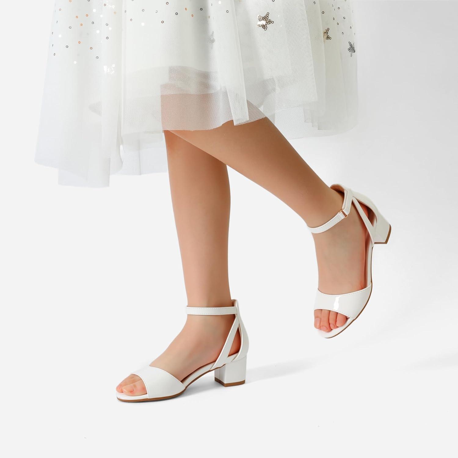 imageDREAM PAIRS Girls Sandals Chunky Pump Ankle Strap High Heels Dress Open Toe Flower Wedding Party for Little Big KidWhitepat