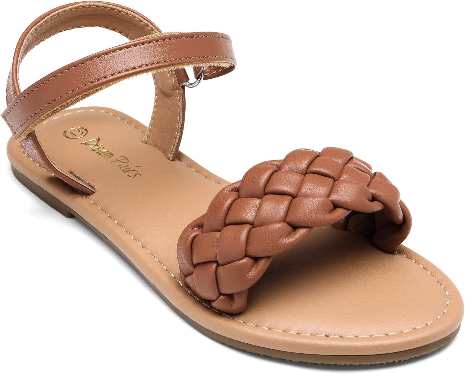 imageDREAM PAIRS Girls Sandals Classic Open Toe Braided Flat Sandals Summer Dress ShoesBrown