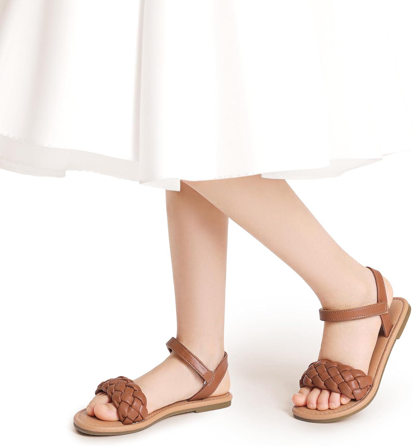 imageDREAM PAIRS Girls Sandals Classic Open Toe Braided Flat Sandals Summer Dress ShoesBrown