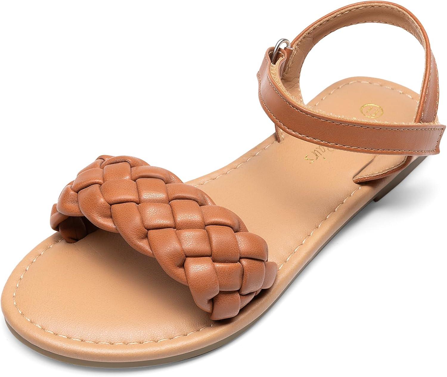 imageDREAM PAIRS Girls Sandals Classic Open Toe Braided Flat Sandals Summer Dress ShoesBrown