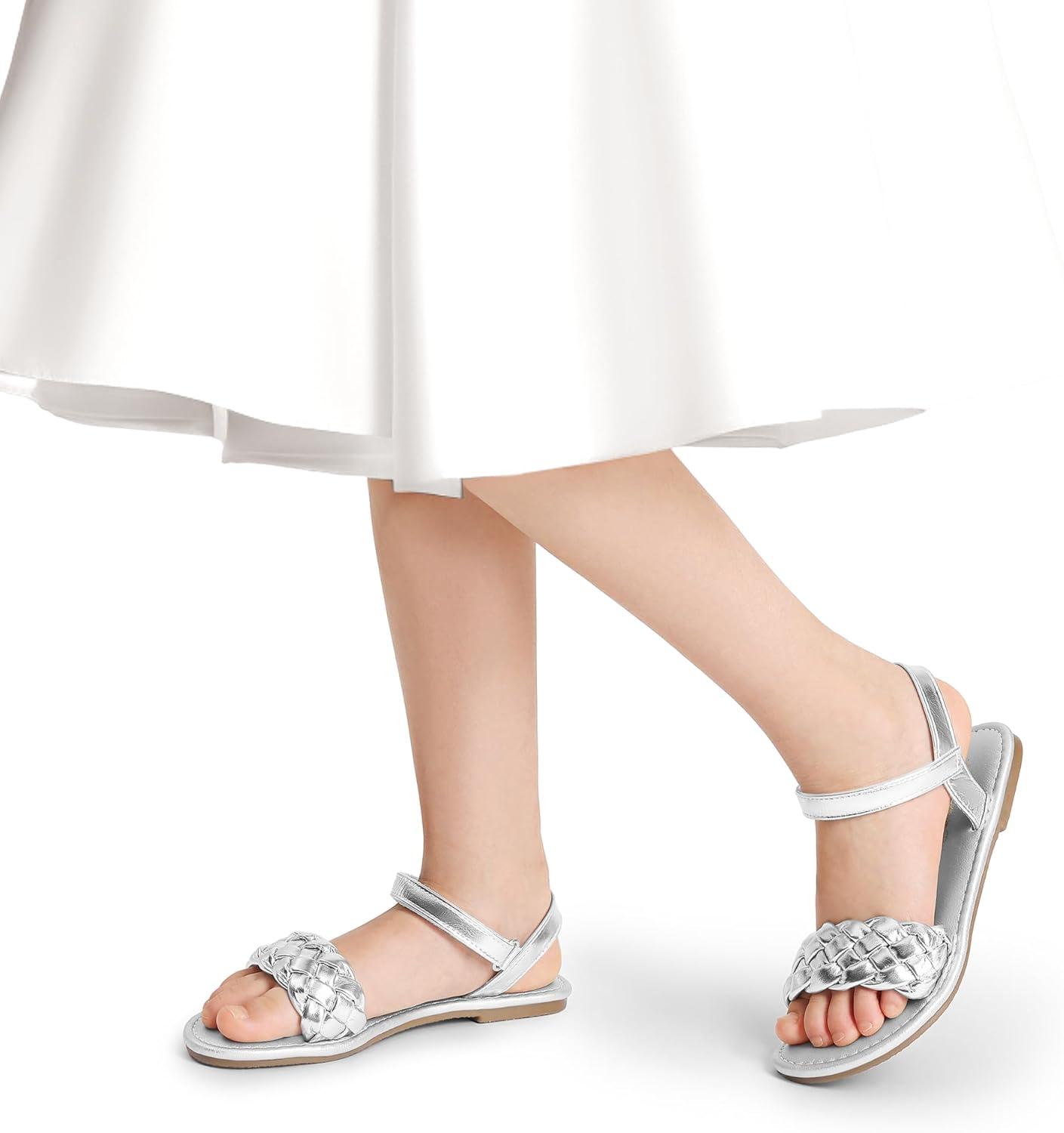 imageDREAM PAIRS Girls Sandals Classic Open Toe Braided Flat Sandals Summer Dress ShoesSilver
