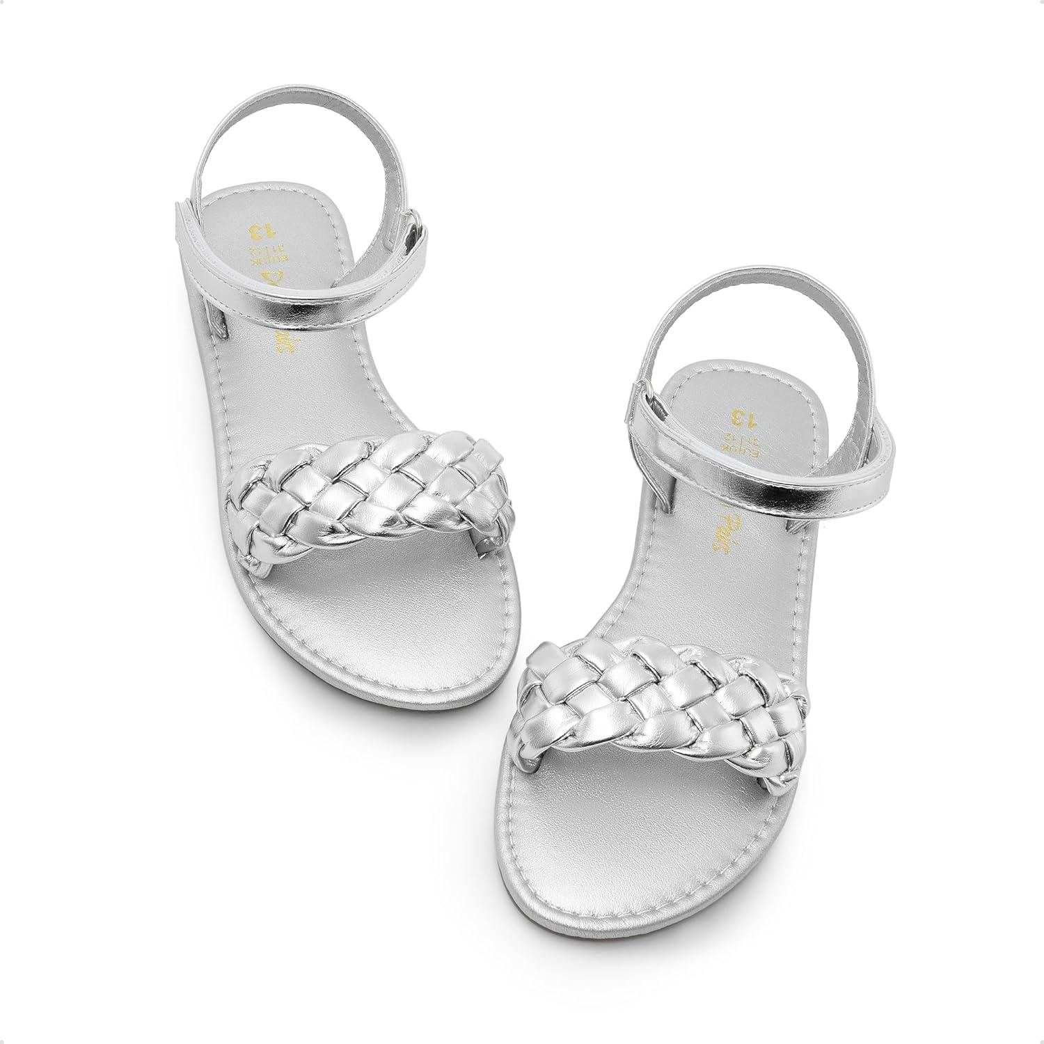imageDREAM PAIRS Girls Sandals Classic Open Toe Braided Flat Sandals Summer Dress ShoesSilver