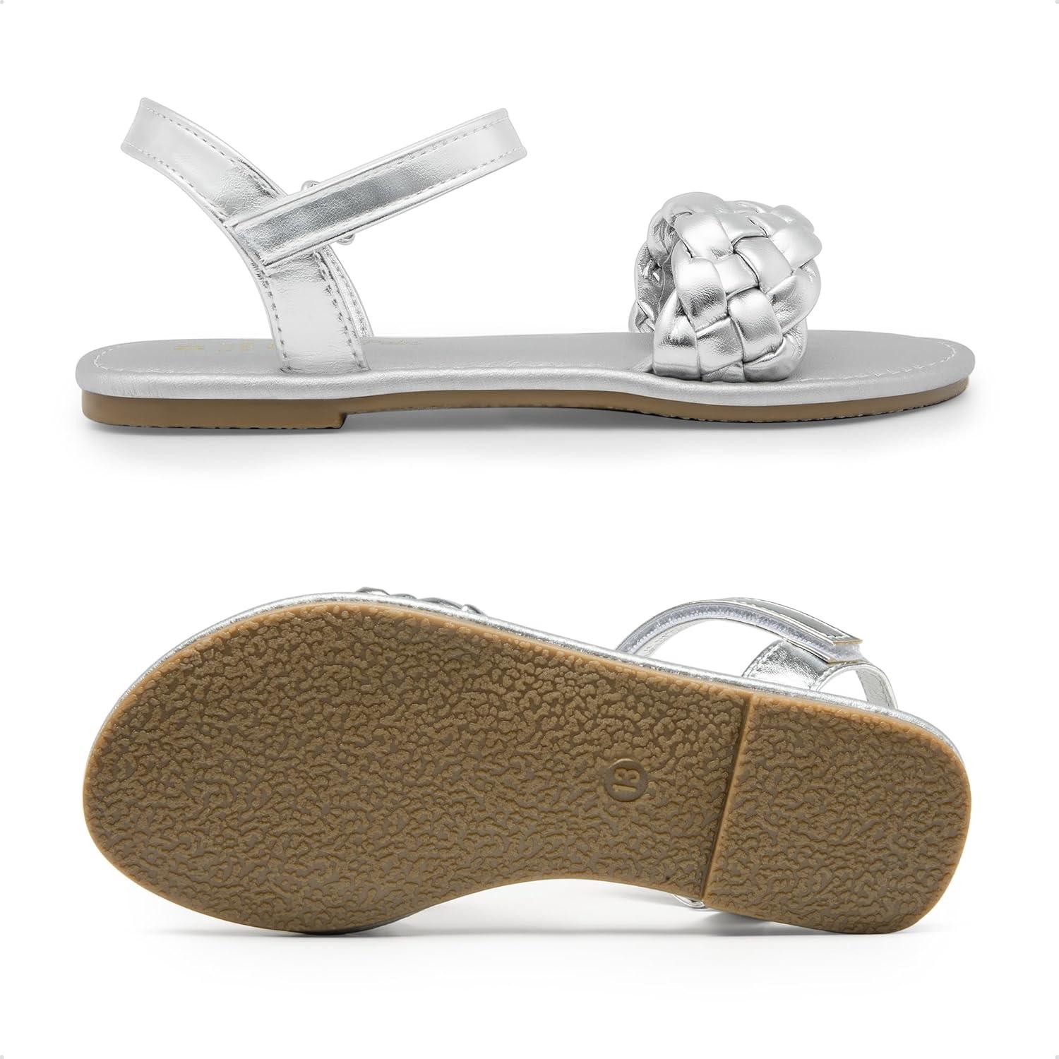 imageDREAM PAIRS Girls Sandals Classic Open Toe Braided Flat Sandals Summer Dress ShoesSilver
