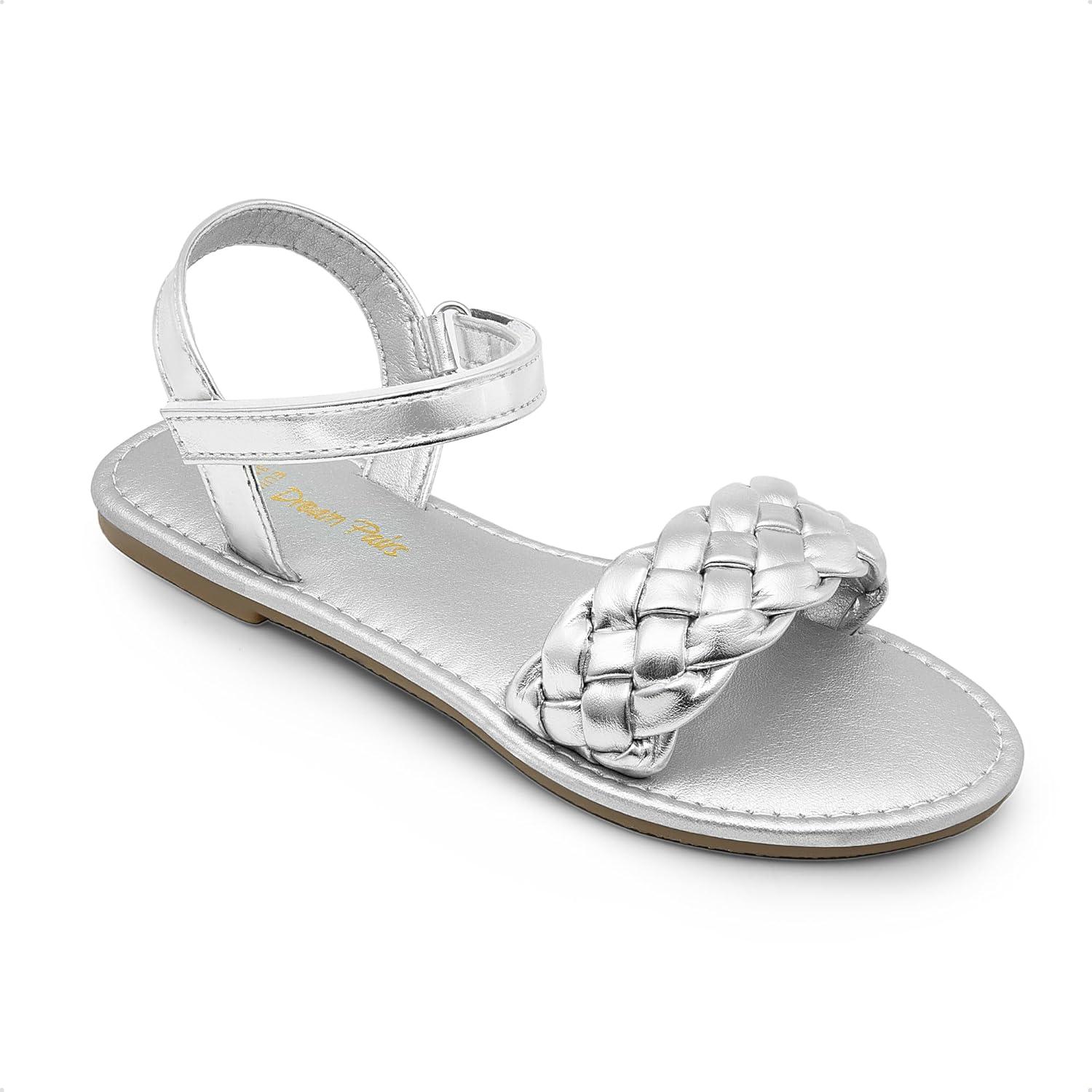 imageDREAM PAIRS Girls Sandals Classic Open Toe Braided Flat Sandals Summer Dress ShoesSilver