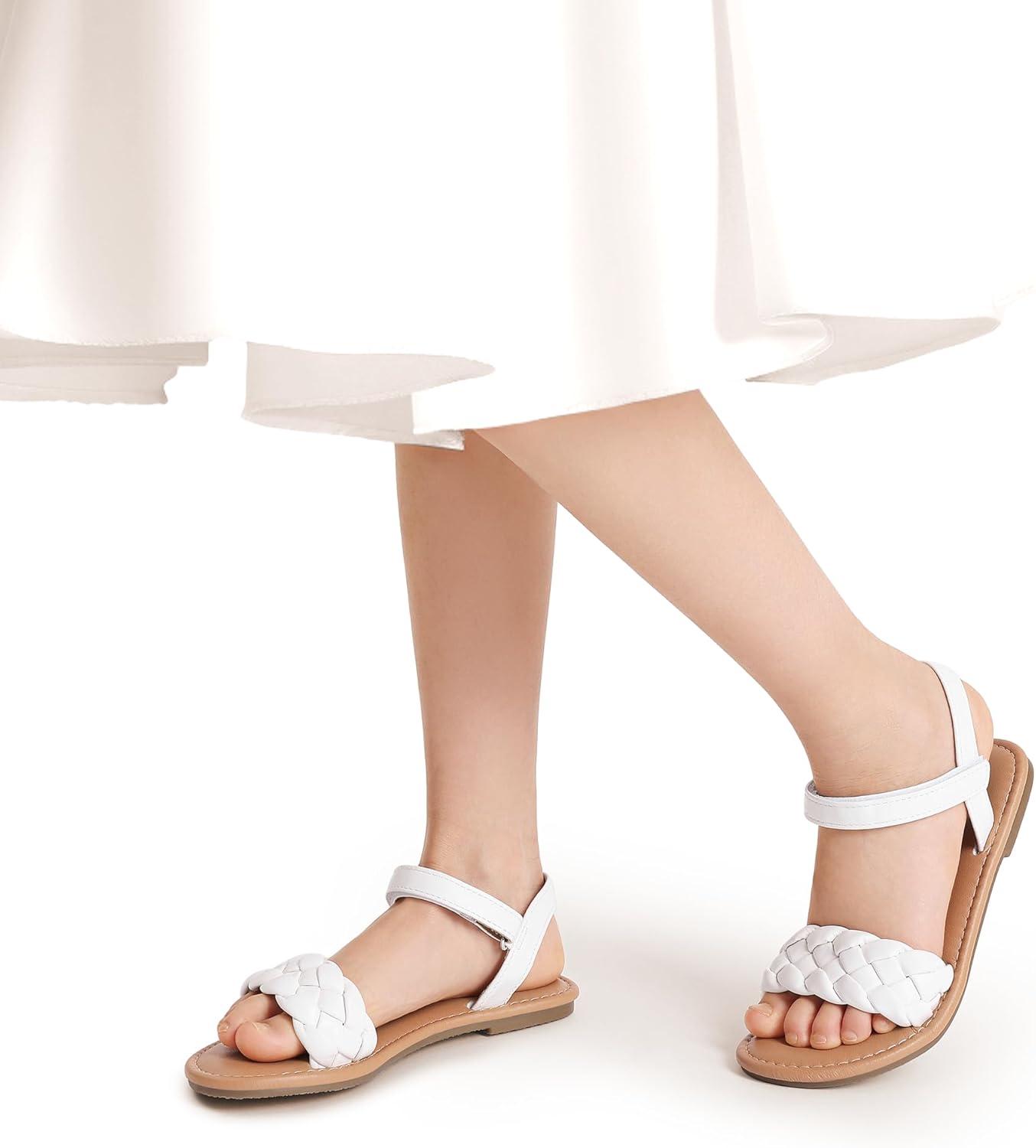 imageDREAM PAIRS Girls Sandals Classic Open Toe Braided Flat Sandals Summer Dress ShoesWhite