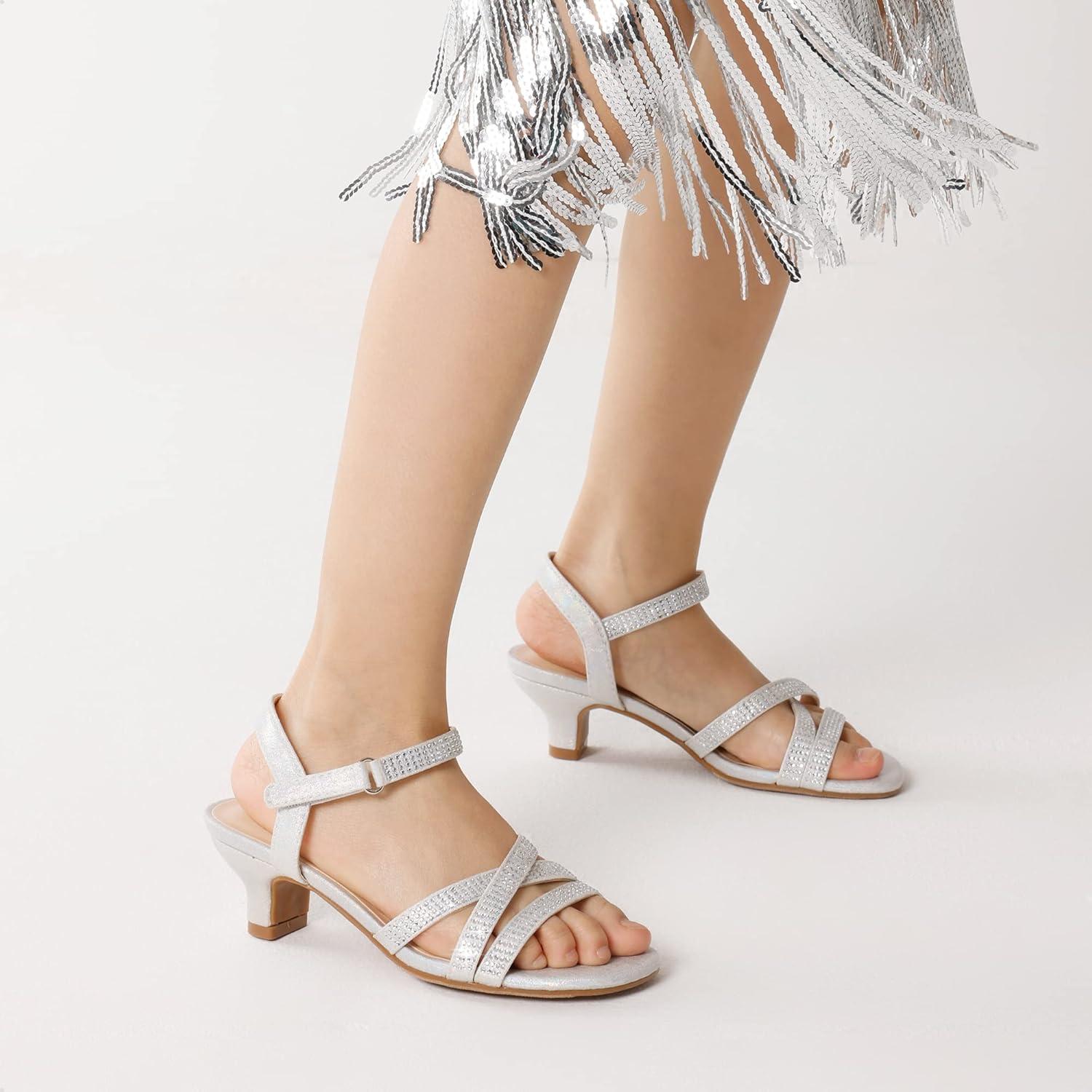 imageDREAM PAIRS Girls Sandals Low Heel Dress Open Toe Sandals Flower Wedding Party for Little KidBig KidSilver