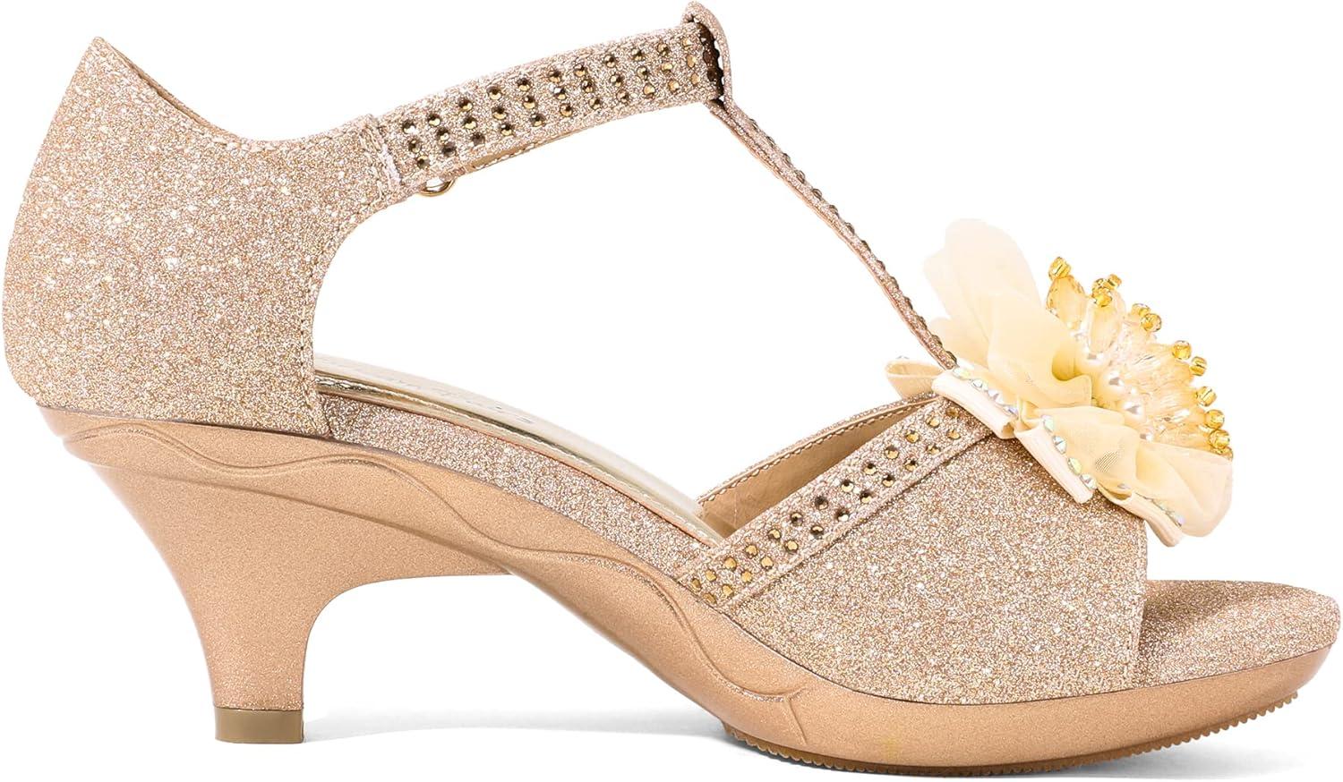 imageDREAM PAIRS Girls Sandals Low Heel Dress Pump Ankle T Strap Flower Shoes ToddlerLittle KidBig KidGold