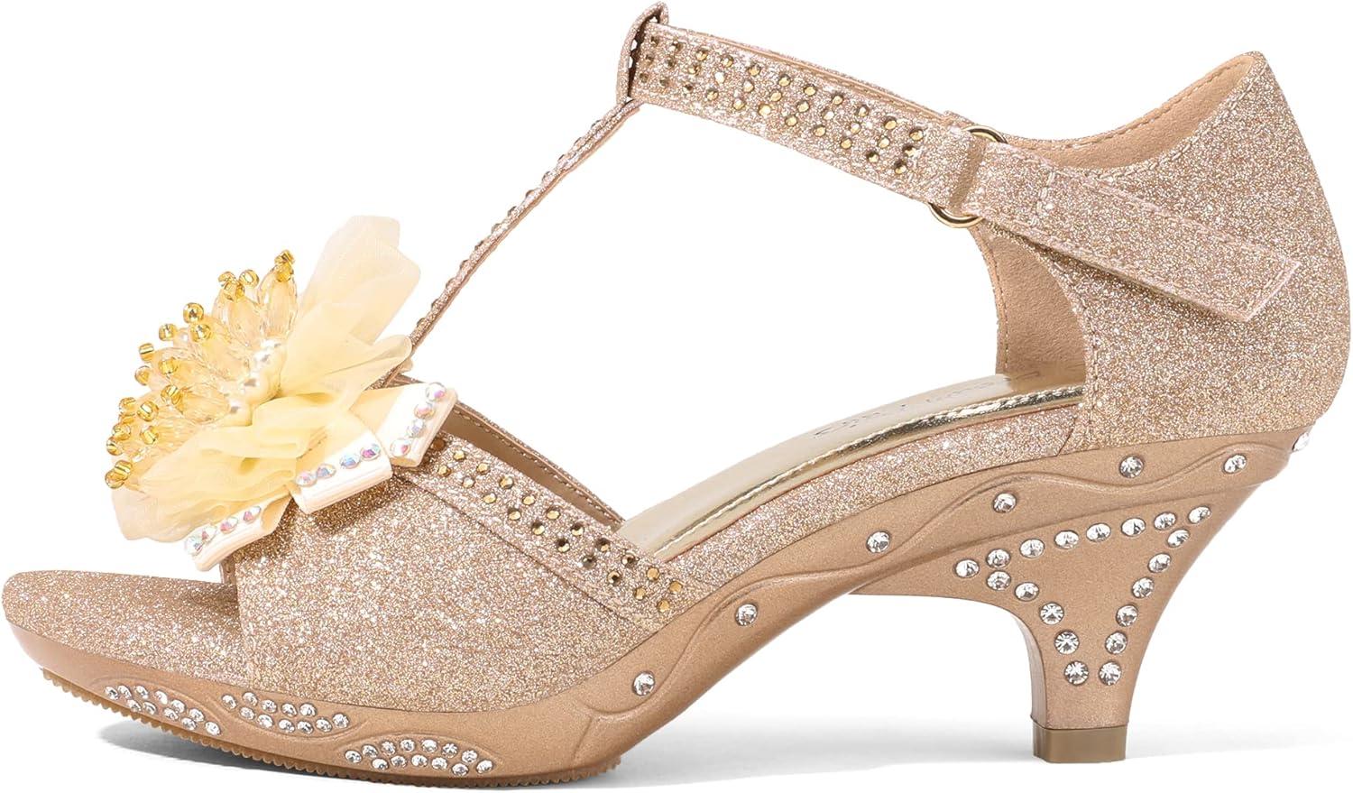 imageDREAM PAIRS Girls Sandals Low Heel Dress Pump Ankle T Strap Flower Shoes ToddlerLittle KidBig KidGold