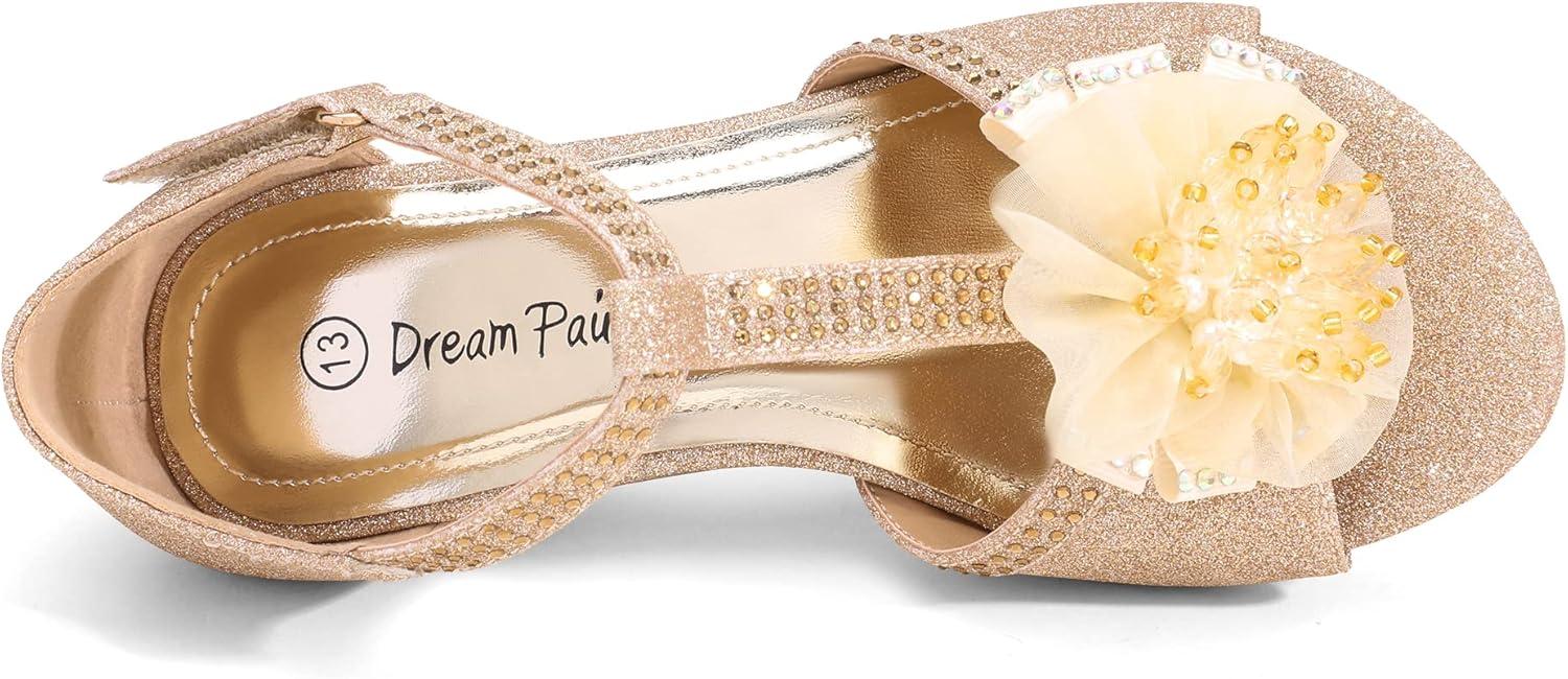 imageDREAM PAIRS Girls Sandals Low Heel Dress Pump Ankle T Strap Flower Shoes ToddlerLittle KidBig KidGold