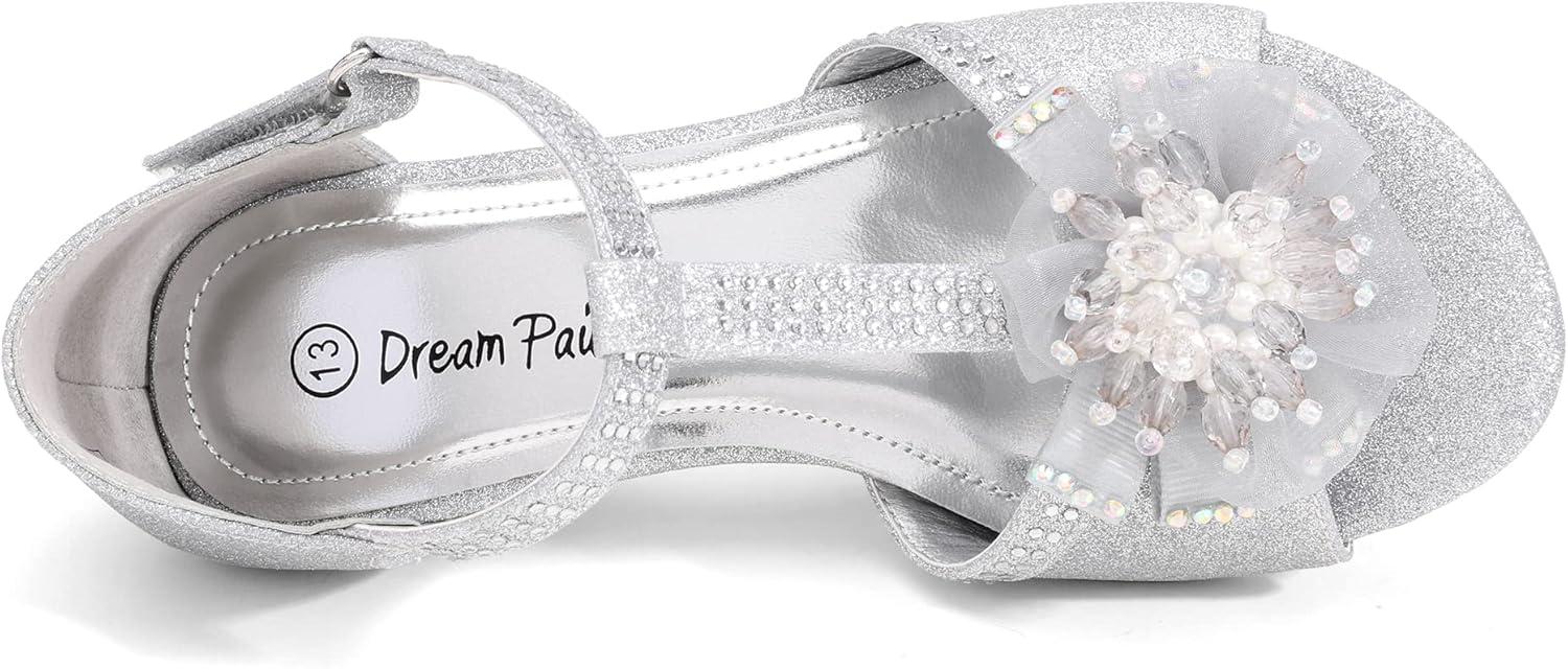imageDREAM PAIRS Girls Sandals Low Heel Dress Pump Ankle T Strap Flower Shoes ToddlerLittle KidBig KidSilver