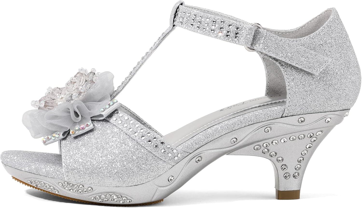 imageDREAM PAIRS Girls Sandals Low Heel Dress Pump Ankle T Strap Flower Shoes ToddlerLittle KidBig KidSilver