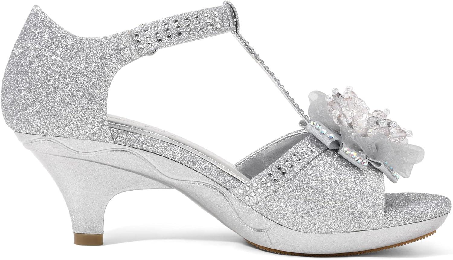 imageDREAM PAIRS Girls Sandals Low Heel Dress Pump Ankle T Strap Flower Shoes ToddlerLittle KidBig KidSilver
