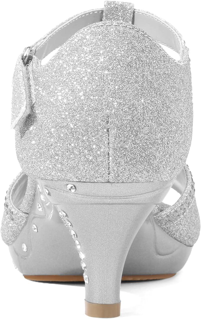 imageDREAM PAIRS Girls Sandals Low Heel Dress Pump Ankle T Strap Flower Shoes ToddlerLittle KidBig KidSilver