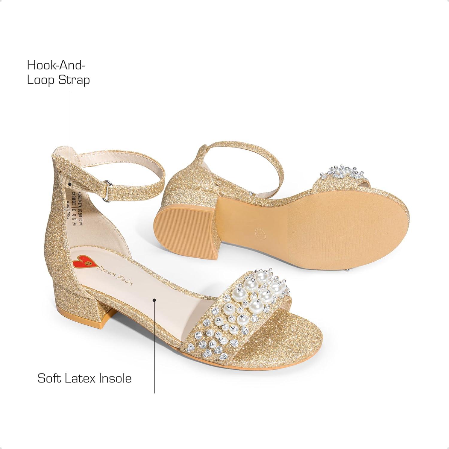 imageDREAM PAIRS Girls Sandals Low Heel Pump Ankle Strap Pearl Dress Flower Wedding Party Shoes for Little KidBig KidGoldglitter