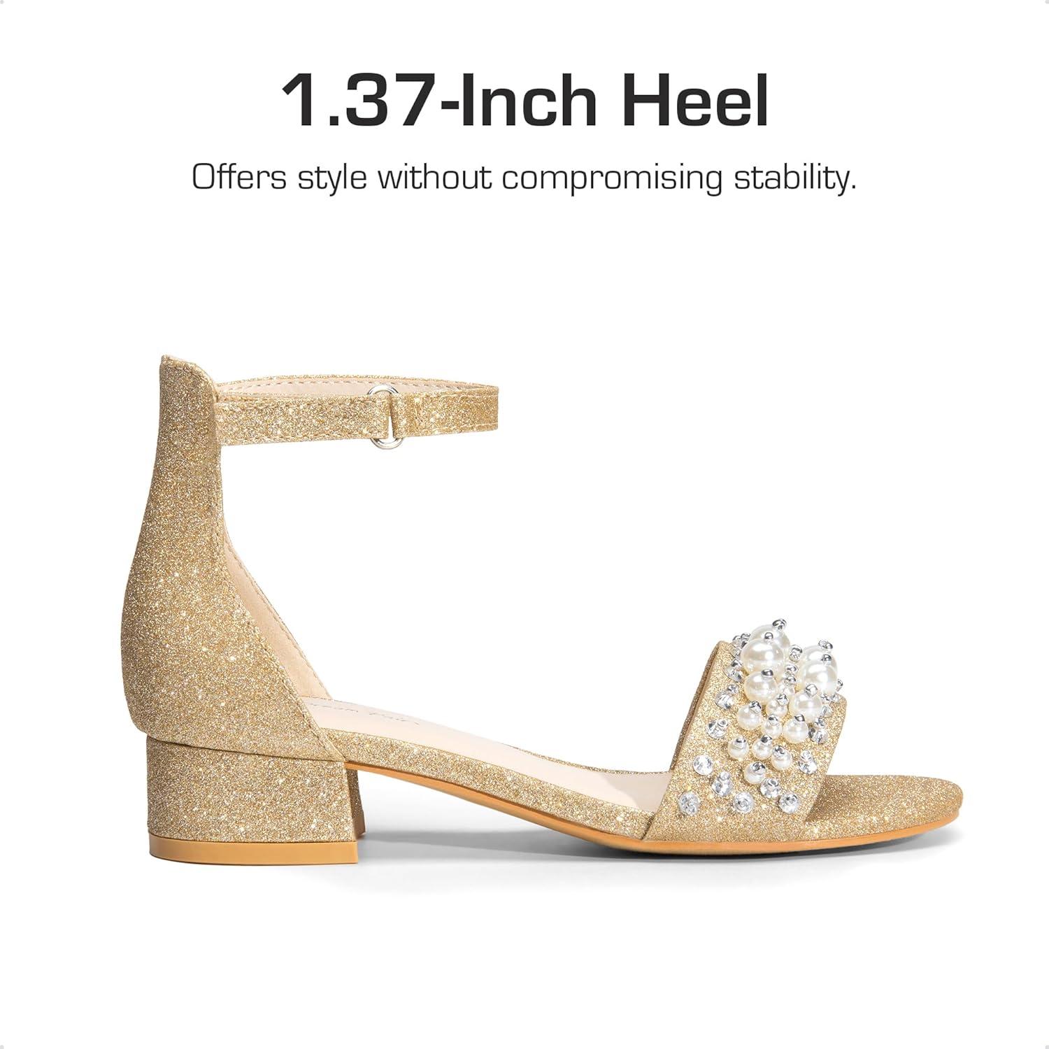 imageDREAM PAIRS Girls Sandals Low Heel Pump Ankle Strap Pearl Dress Flower Wedding Party Shoes for Little KidBig KidGoldglitter