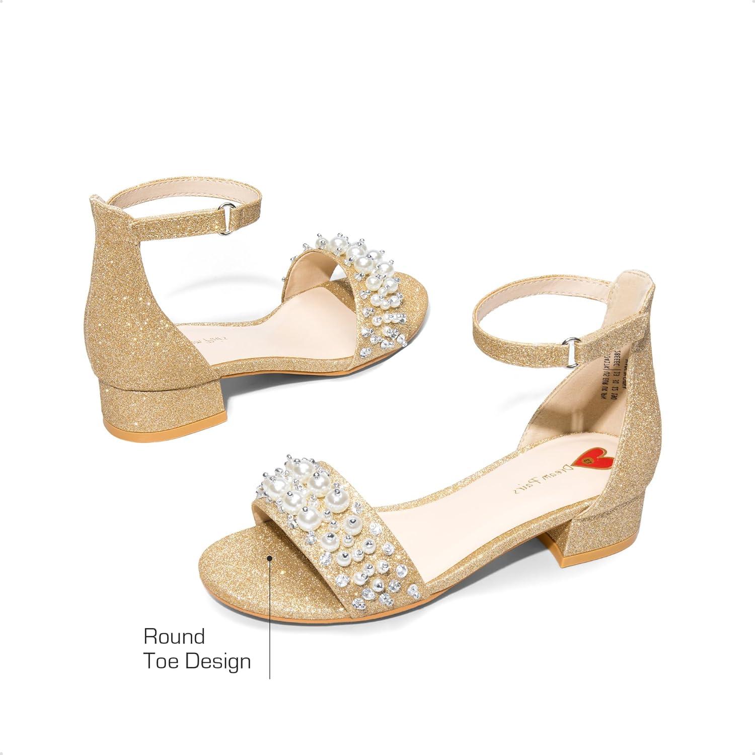 imageDREAM PAIRS Girls Sandals Low Heel Pump Ankle Strap Pearl Dress Flower Wedding Party Shoes for Little KidBig KidGoldglitter