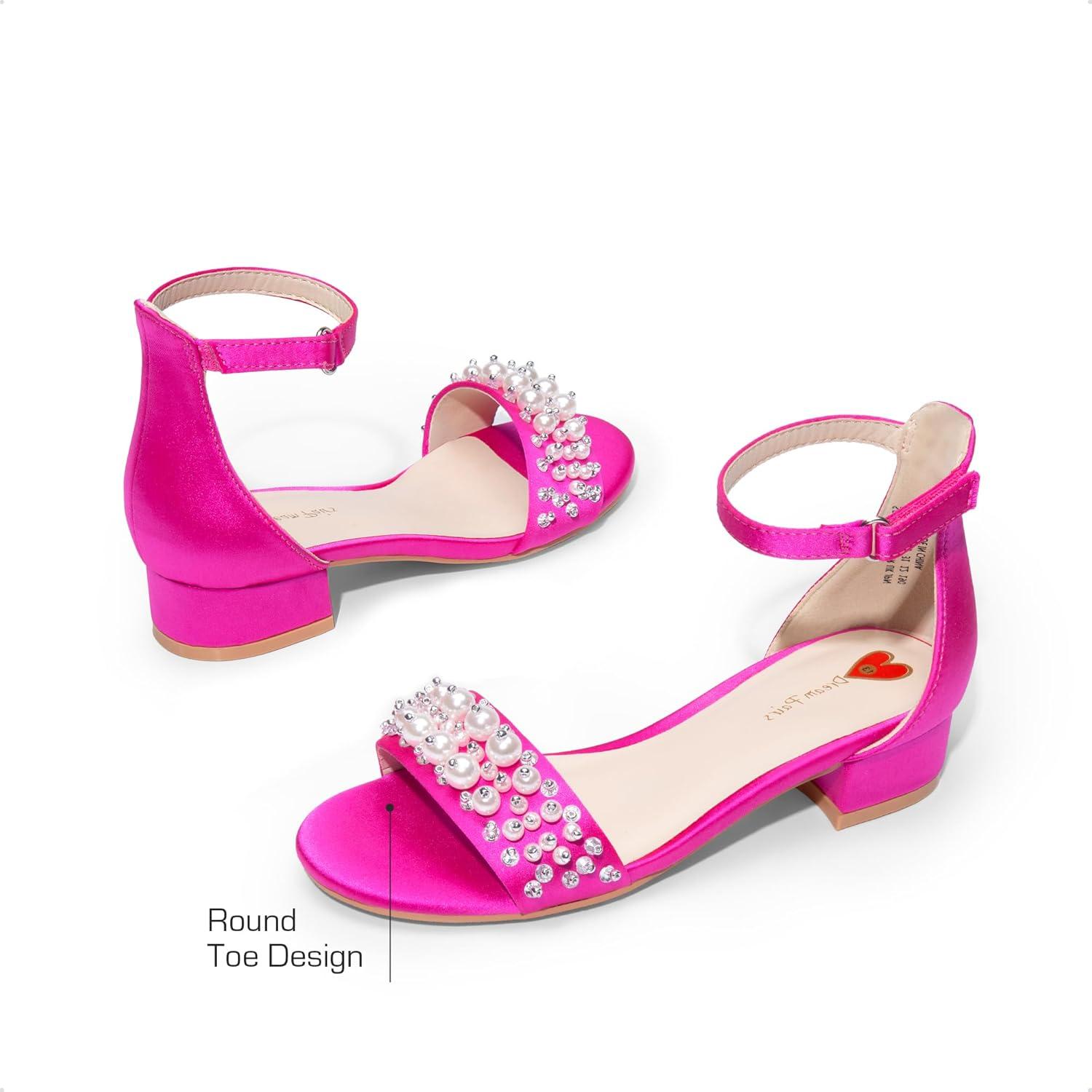 imageDREAM PAIRS Girls Sandals Low Heel Pump Ankle Strap Pearl Dress Flower Wedding Party Shoes for Little KidBig KidHot Pink