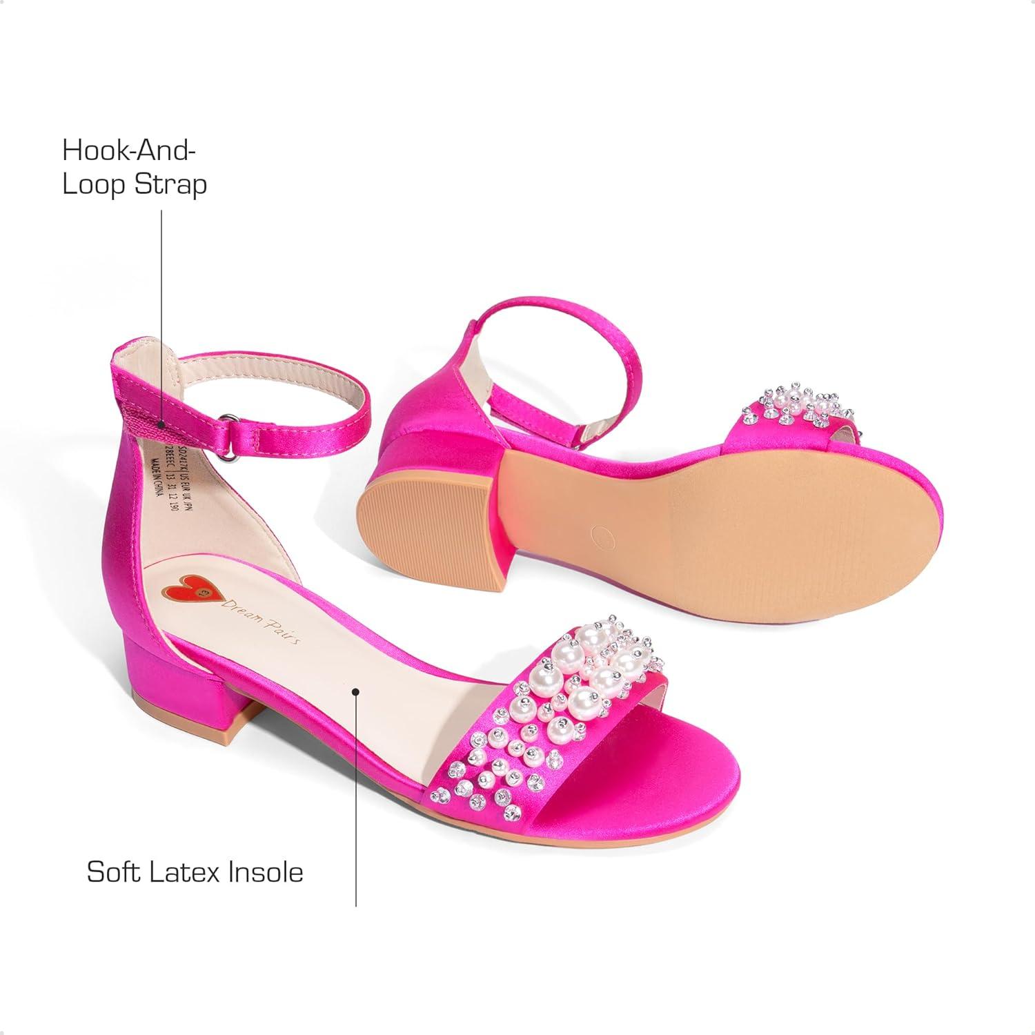 imageDREAM PAIRS Girls Sandals Low Heel Pump Ankle Strap Pearl Dress Flower Wedding Party Shoes for Little KidBig KidHot Pink