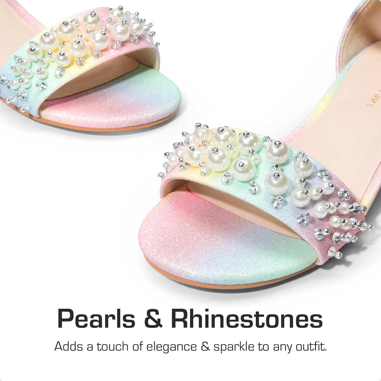 imageDREAM PAIRS Girls Sandals Low Heel Pump Ankle Strap Pearl Dress Flower Wedding Party Shoes for Little KidBig KidRainbowGlitter