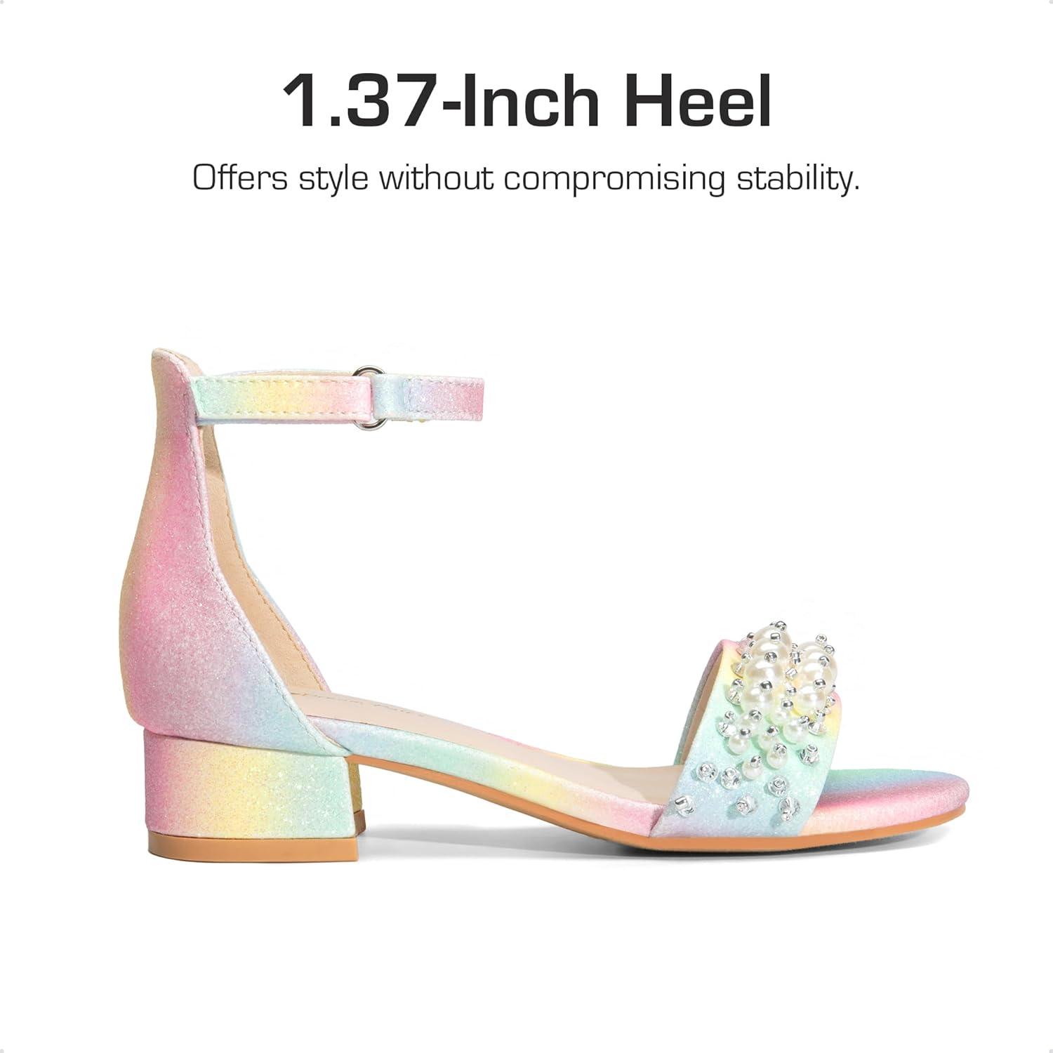 imageDREAM PAIRS Girls Sandals Low Heel Pump Ankle Strap Pearl Dress Flower Wedding Party Shoes for Little KidBig KidRainbowGlitter