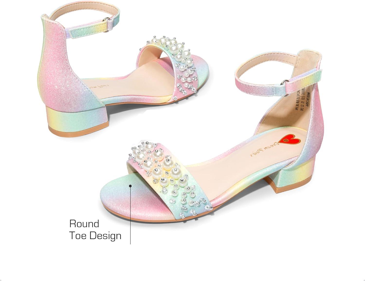 imageDREAM PAIRS Girls Sandals Low Heel Pump Ankle Strap Pearl Dress Flower Wedding Party Shoes for Little KidBig KidRainbowGlitter